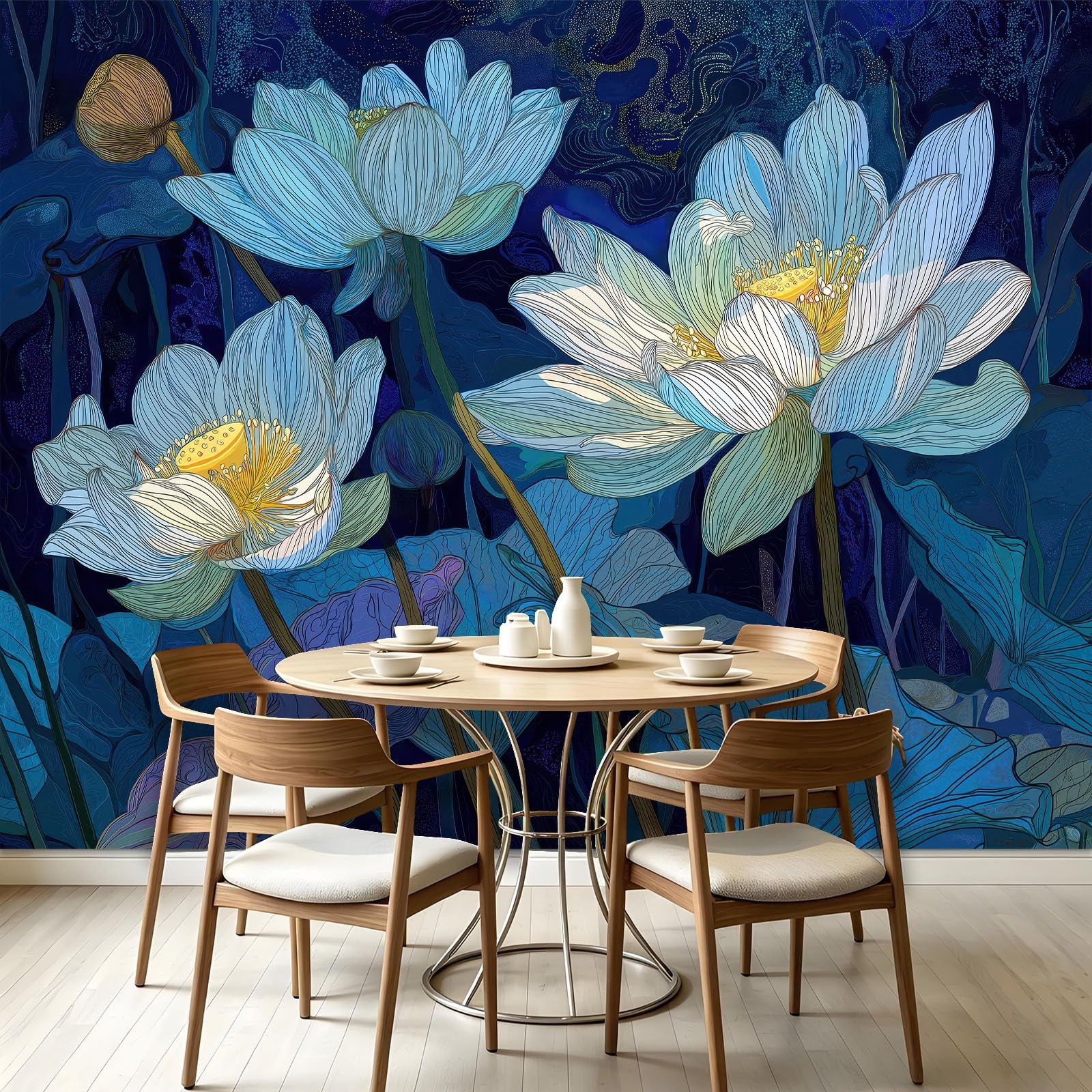 Fototapeta do salonu, kwiaty, lilia wodna, powierzchnia wody 400 x 280 cm, akwarela, lotus, druk 3D, tapeta na fizelinę, tapeta ścienna do sypialni, pokoju dziecięcego, tło TV, tapeta z włókniny