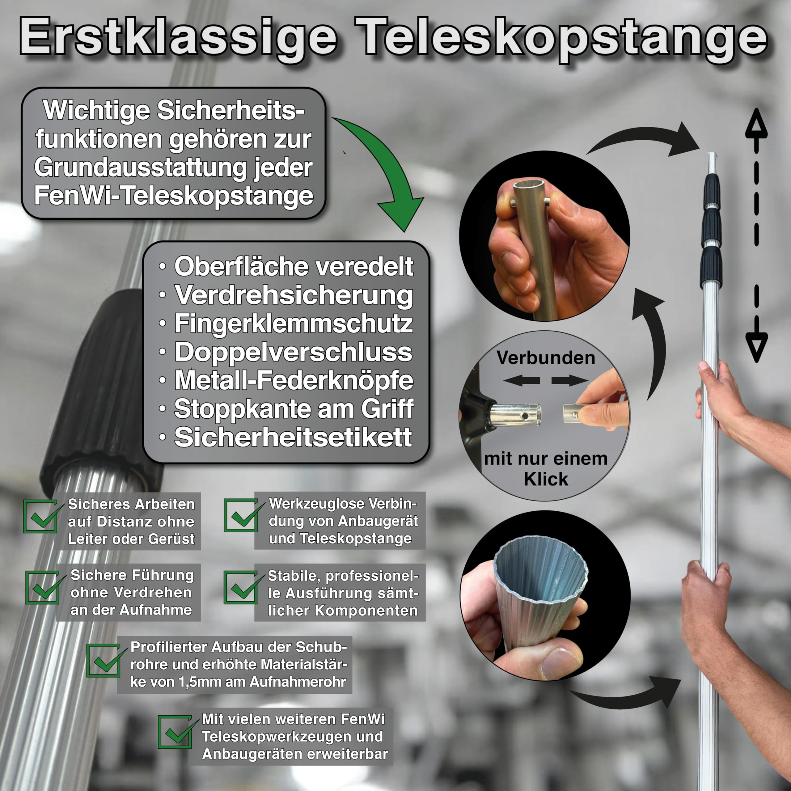 FenWi 6m Teleskop Fensterputzer Profi Set mit Abzieher und Wischer 45/50cm | 45cm Gummilippe, Kombi Fensterwischer, Gelenk Alu Teleskopstange 600 cm, für Wintergarten, breite Fenster und Solar Reinigung