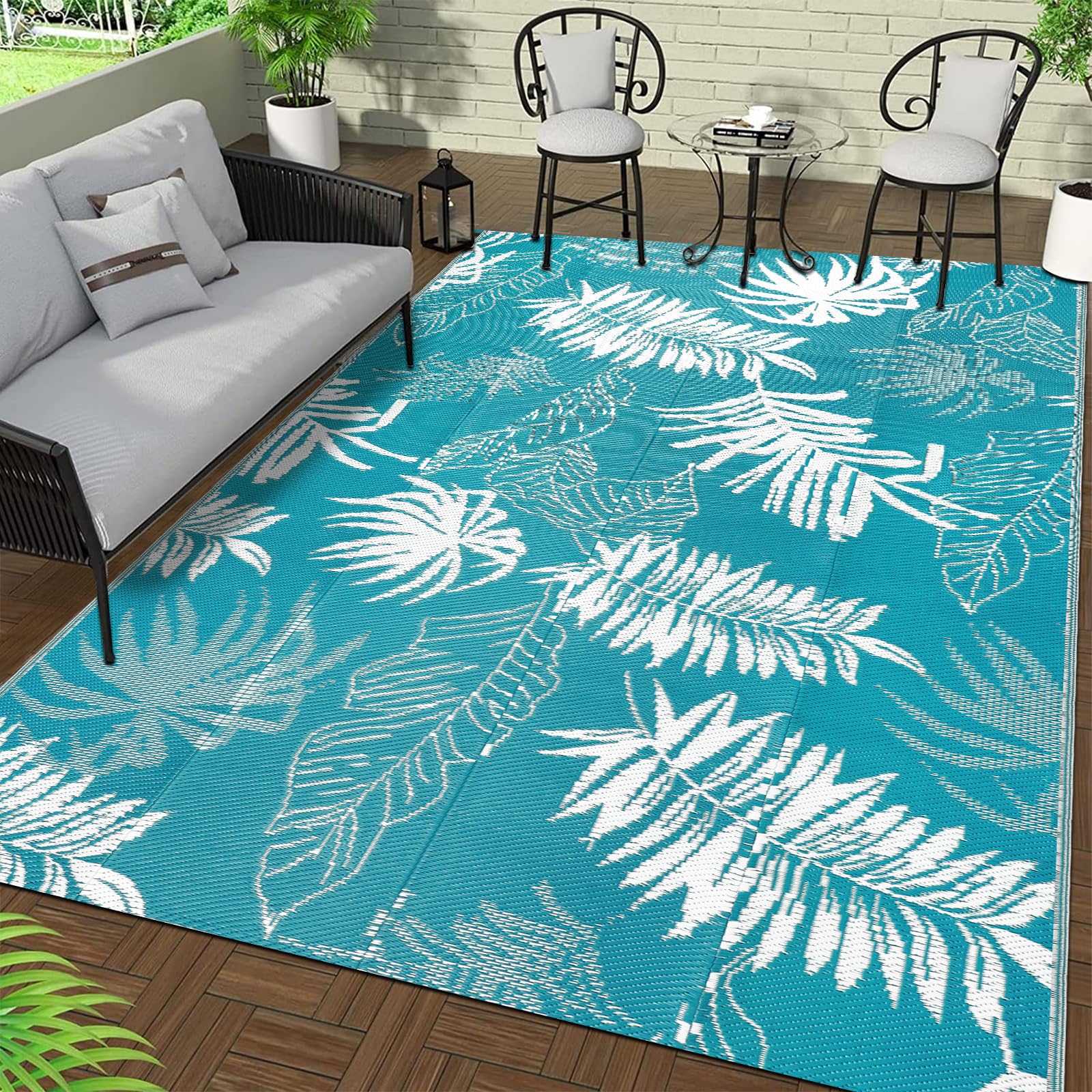 Falflor Alfombra reversible para exteriores, 150 x 245 cm, impermeable, grande, de plástico, ligera, para interiores y exteriores, alfombra de paja de plástico para camping, terraza, caravana, patio