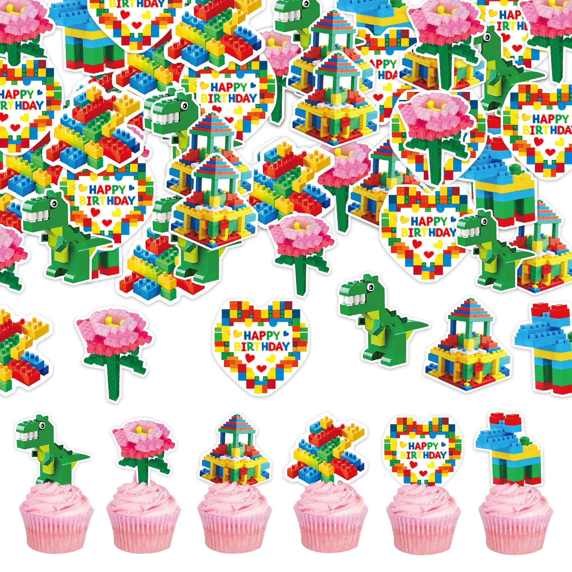 48PCS Edible Building Blocks Cupcake Toppers Colorful Building Block Birthday Cake Topper for Boy Girl Birthday Party Supplies