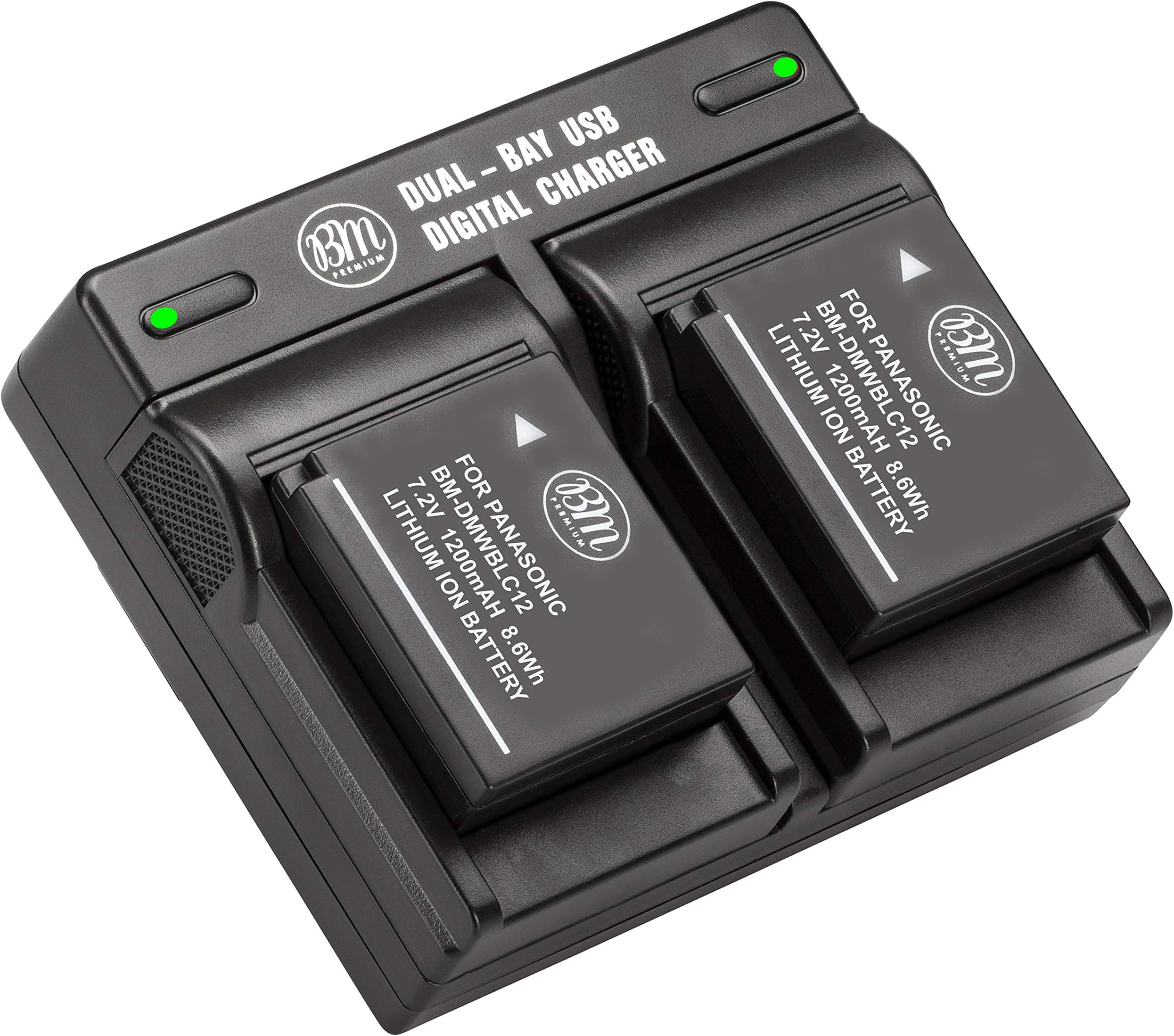 BM Premium 2 Pack of DMW-BLC12 Batteries and Dual Bay Charger for Panasonic Lumix DC-FZ1000 II DC-G95 DC-G97 DMC-G85 DMC-GH2 DMC-G5 DMC-G6 DMC-G7 DMC-GX8 DMC-FZ200 DMC-FZ300 FZ1000 DMC-FZ2500 Cameras