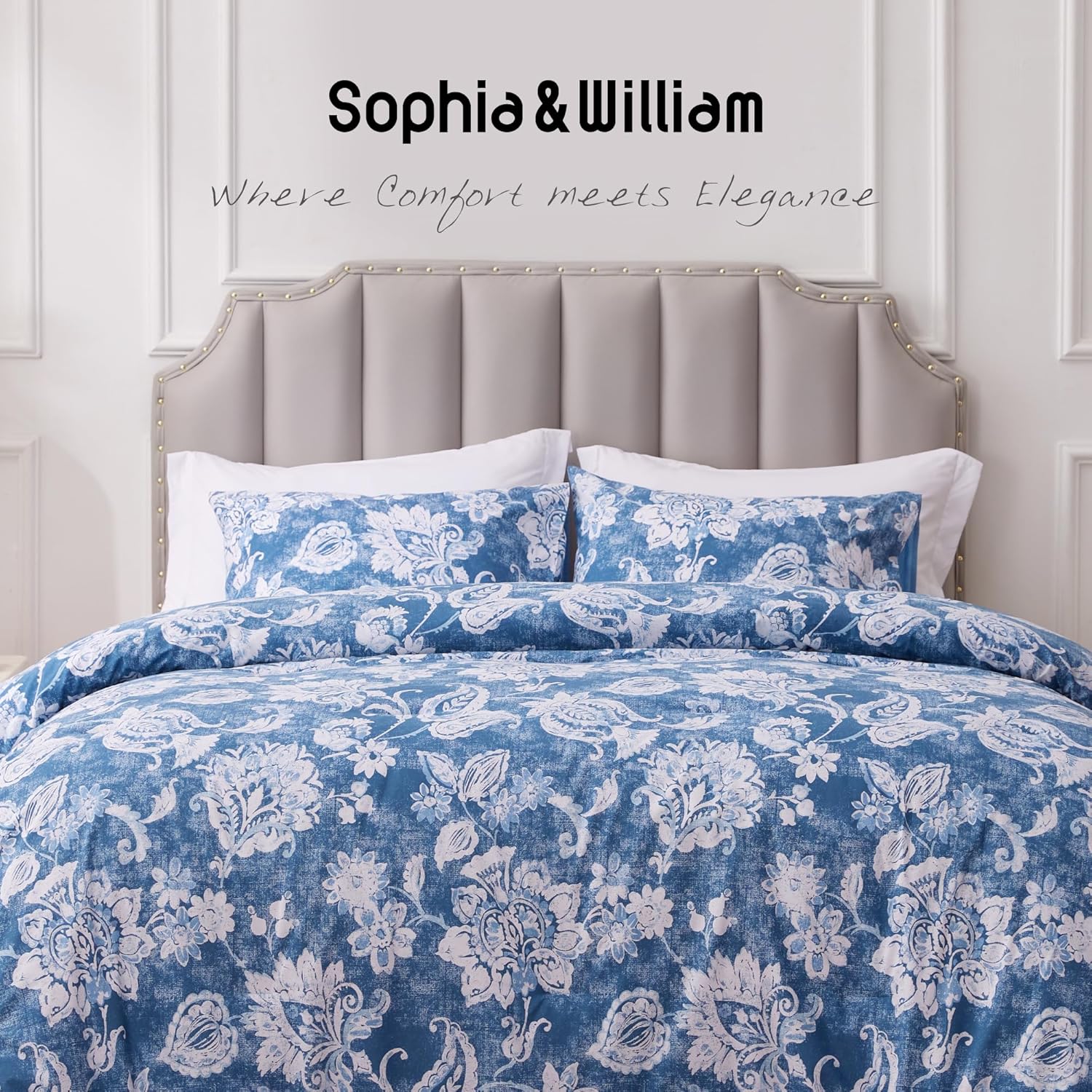 Sophia & William Blue and White Floral Queen Size Comforter Set, 3 Pcs Cotton Comforter Set with Flower Pattern Printed Comforter & 2 Pillowcases, All Season Lightweight Bedding Set