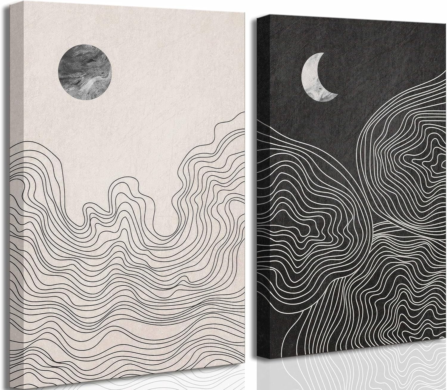2 Pcs Modern Minimalist Boho Canvas Wall Art Neutral Black And White Abstract Sun And Moon Lines Paintings Pictures Wall Decor Poster Print Artwork for Living Room Bedroom Home Decoration