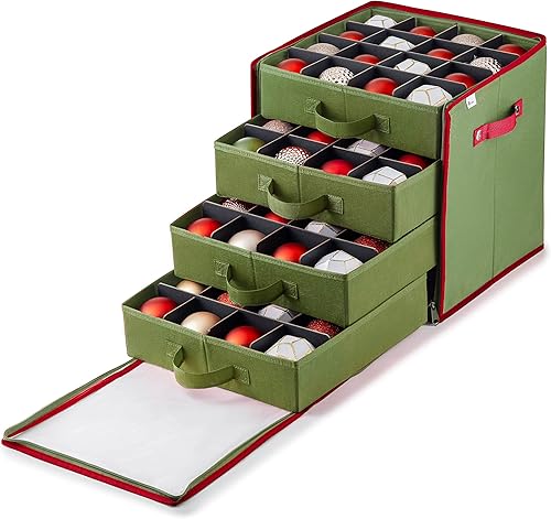 Caja tipo organizador grande de adornos de Navidad hecha de tela no tejida con apertura lateral, 8 bandejas estilo gaveta y compartimentos de 3