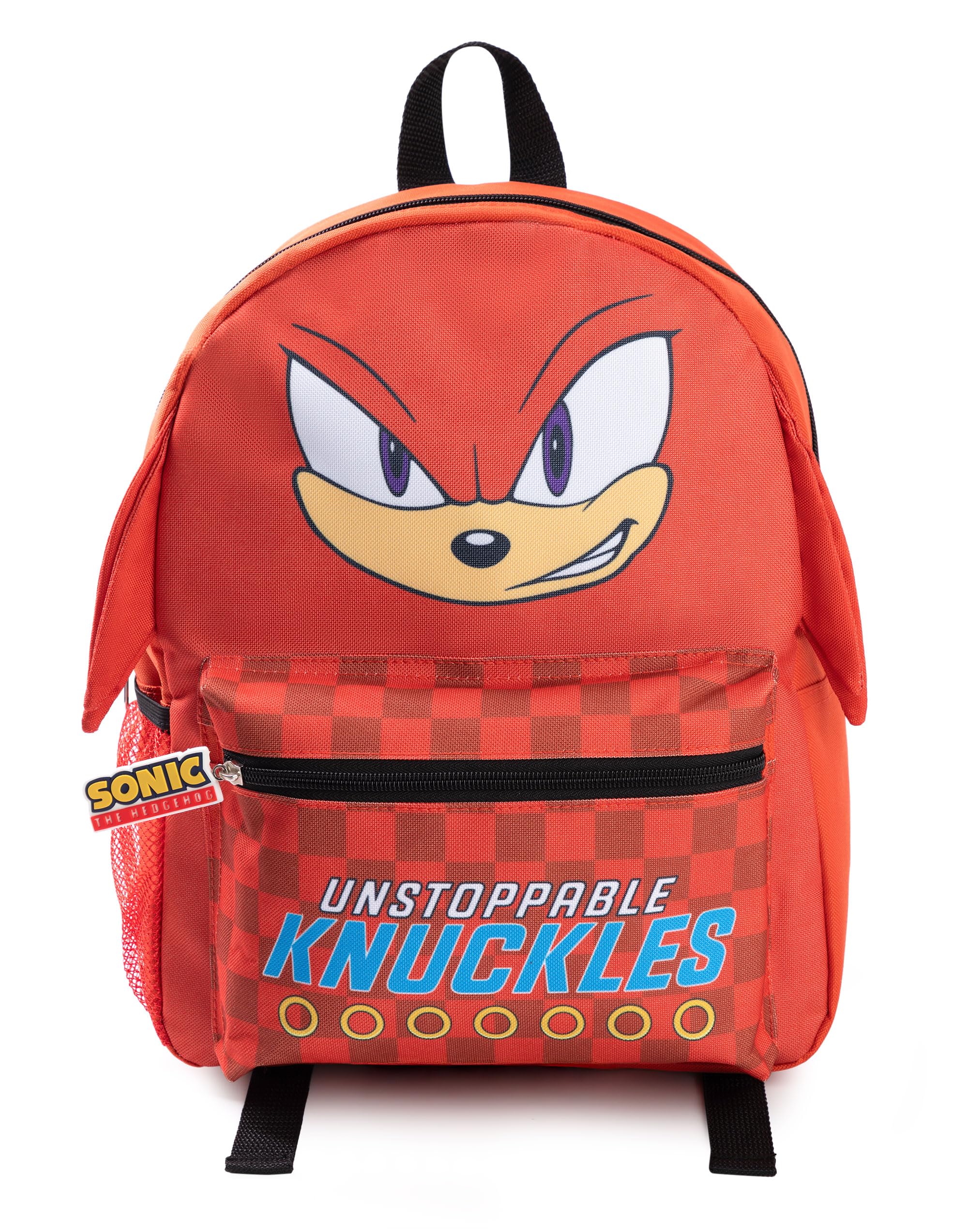 Sonic The Hedgehog Mochila 3D de Knuckles el Equidna para niños | Bolsillo frontal con cremallera a cuadros rojos y texto ¡Knuckles Imparable! | Mochila escolar con el personaje