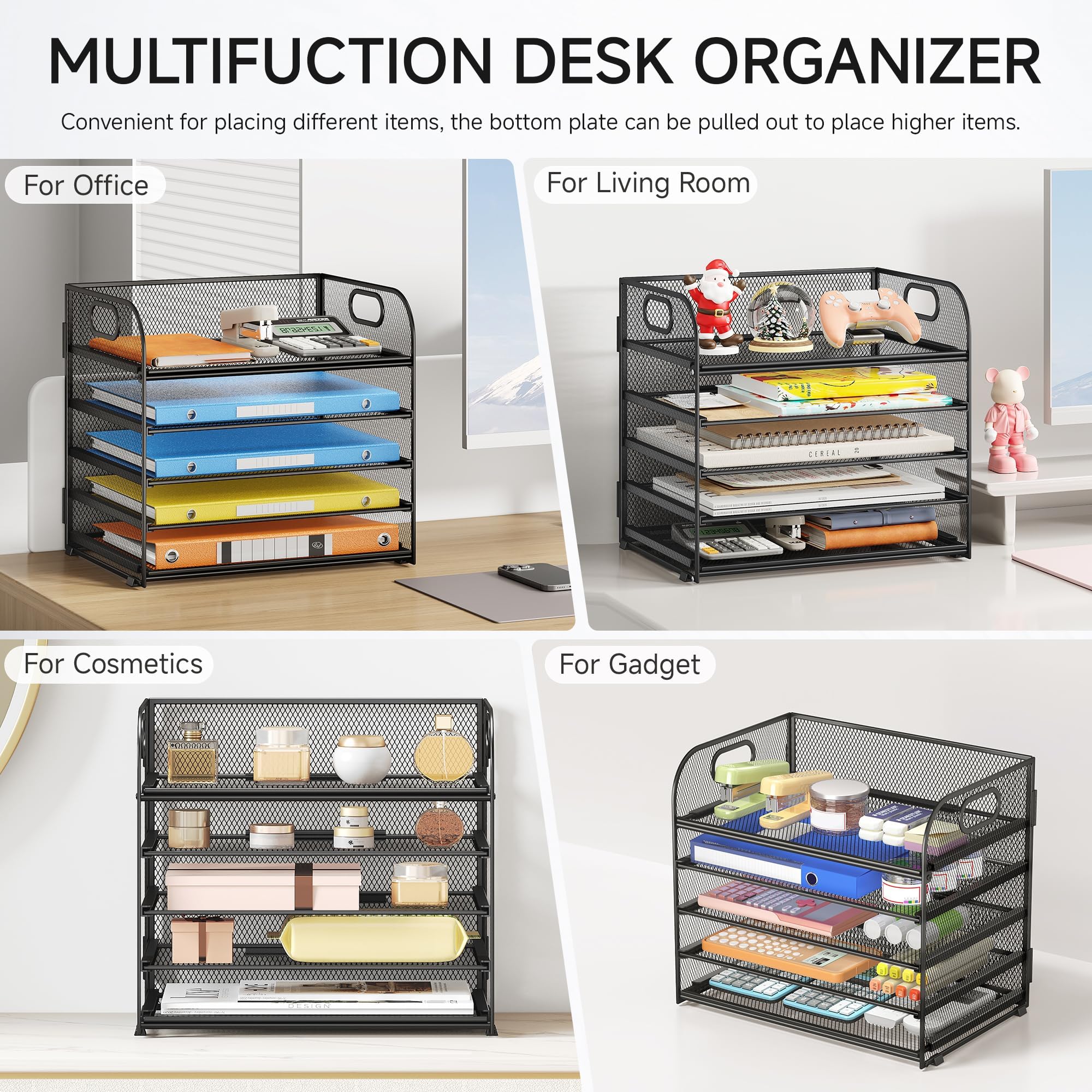 VITVITI Organizador de Escritorio, Bandeja para Cartas de 5 Niveles, Soporte apilable, Compartimentos con asa, Material de Oficina para Bandeja de Documentos A4, Papel, Libro, Revista - Negro