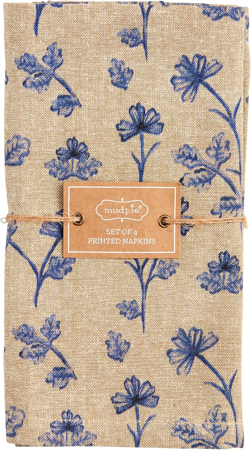 Mud Pie ブルーフローラルクロスナプキン、18インチ x 18インチ、タン