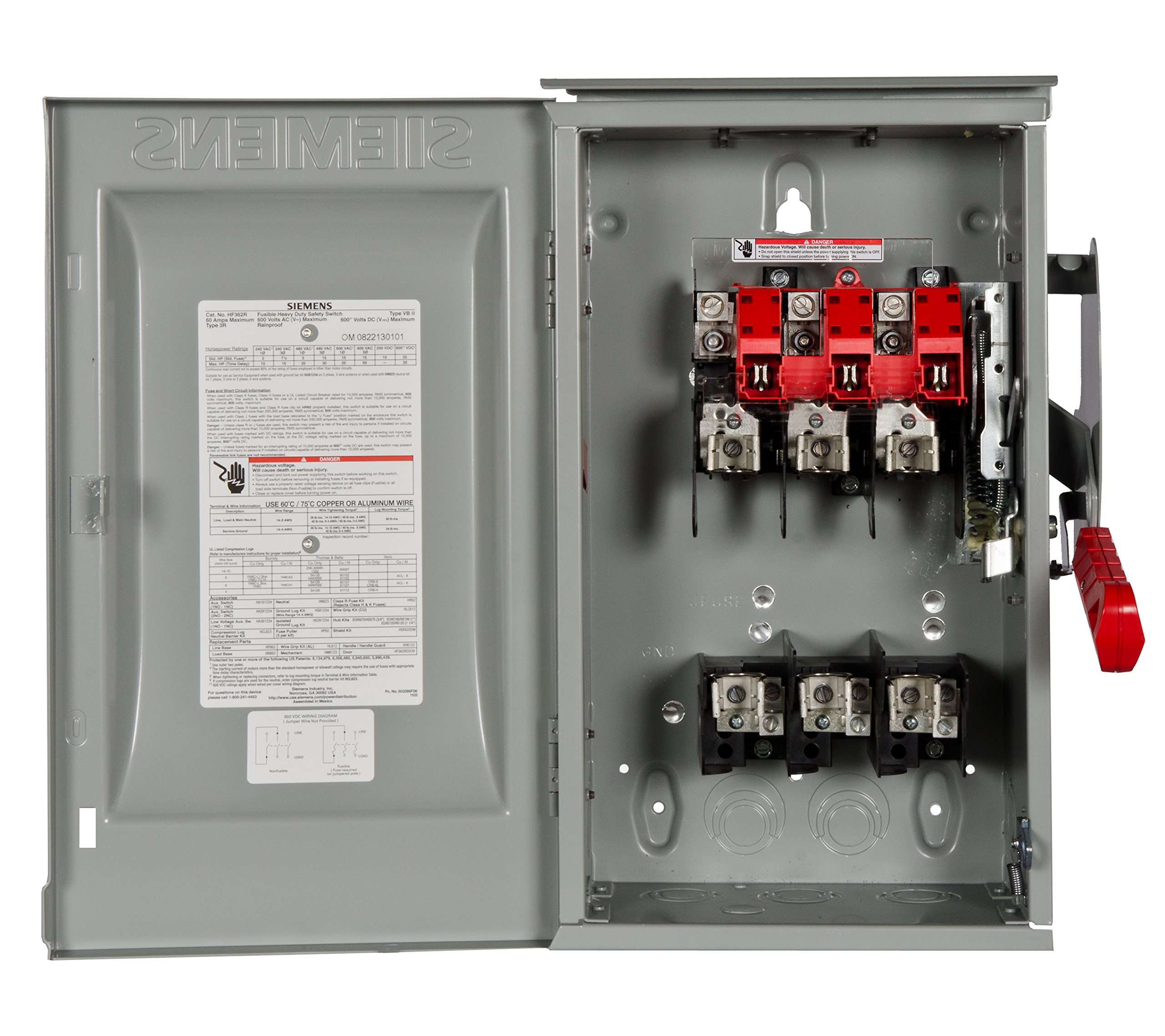 60号x2、 Siemens HF362R 60-Amp 3 Pole 600-volt 3 Wire Fused Heavy Duty