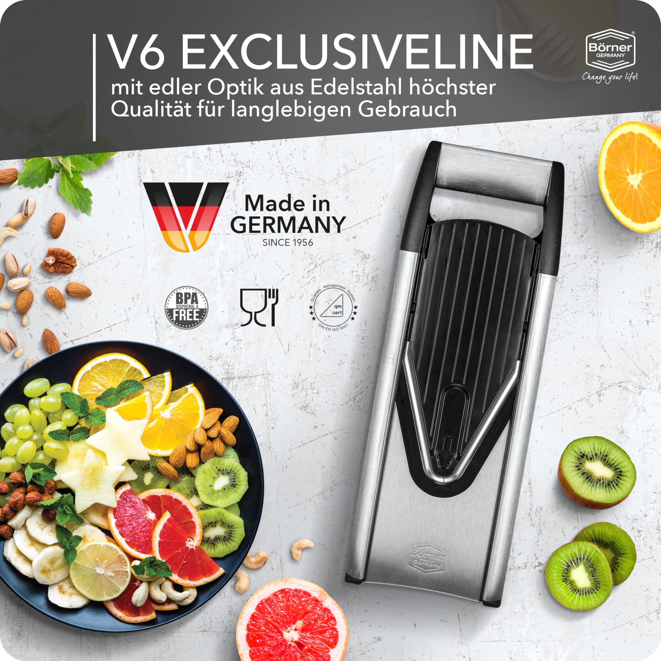 Börner Gemüsehobel V6 (Starter Set) • Edelstahl Hobel mit V-Klinge • Verstellbarer V-Hobel für Gemüse & Obst • Gemüseschneider für Scheiben, Julienne Streifen und Stifte • Gemüsereibe