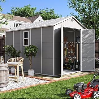 UDPATIO Outdoor Storage Shed 7.5x10.7 FT, Grey & White Resin & Steel Shed with Lockable Door for Backyard, Patio, Lawn