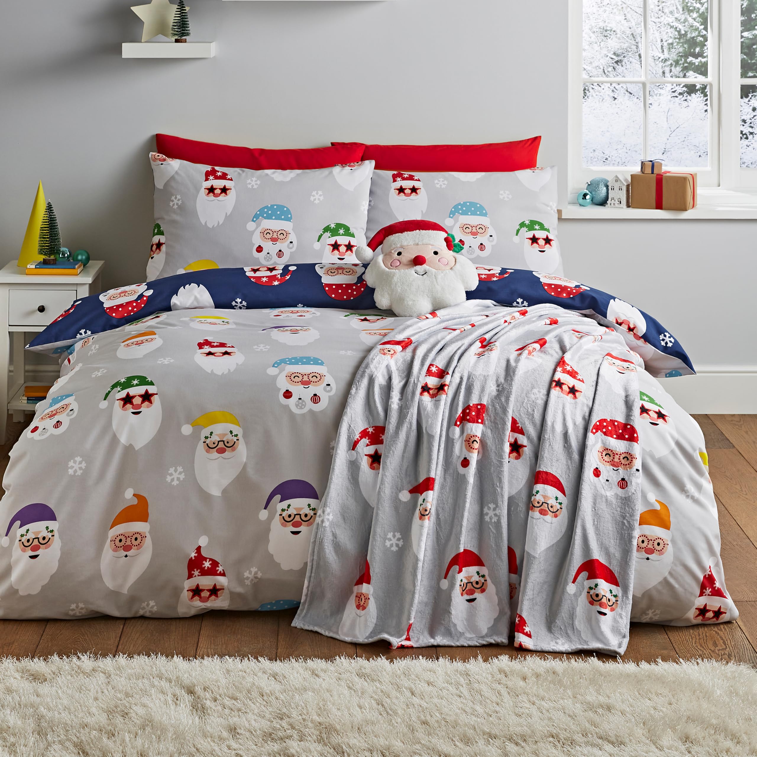 Catherine Lansfield Christmas Santa Spec-Tacular Reversible Double Duvet Cover Set with Pillowcase Grey