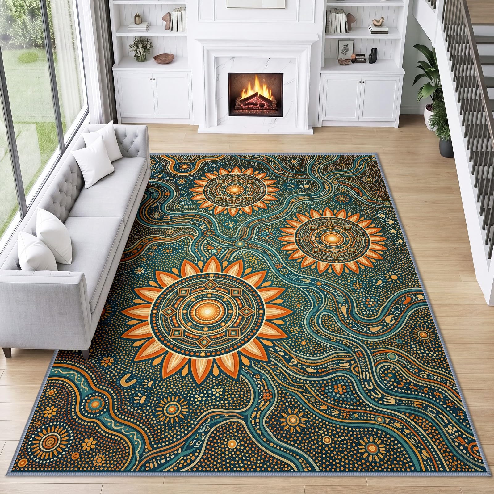 Générique Lavable en Machine Tapis Salon 140x200 cm, Soleil Symbole Antidérapant à Poil Ras Tapis, Ethnique Bohème Tribal Exotique Écologique pour Salle à Manger Couloir Chambre Bureau