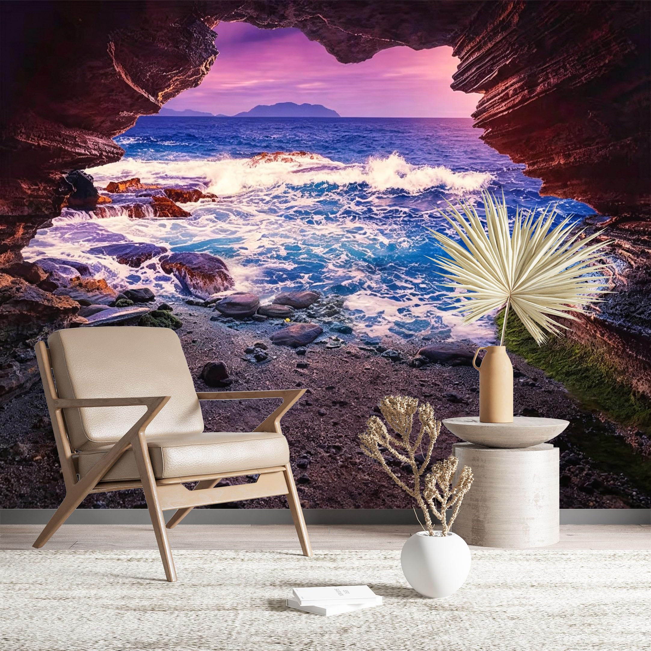 Custom Size Wall Murals Ocean Cave View at Sunset Wall Stickers Self-Adhesive Wall Fabric (NO PVC) Removable Wallpaper for Living Room Bathroom