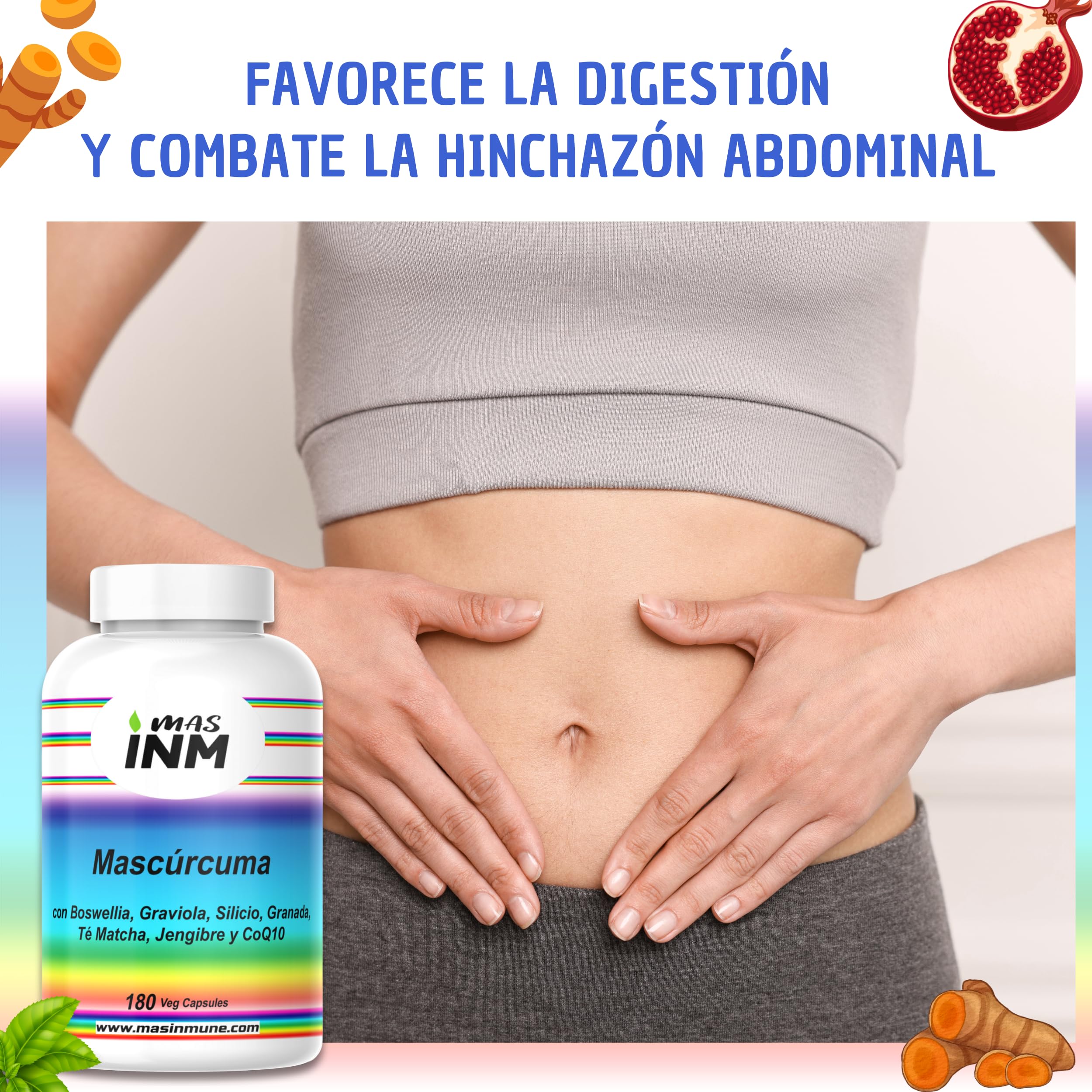 Mascúrcuma – suplemento antiinflamatorio natural con curcumina 95 % – boswellia serrata – jengibre – graviola – granada – té matcha – coenzima Q10 – silicio orgánico – 180 cápsulas vegano – Masinmune