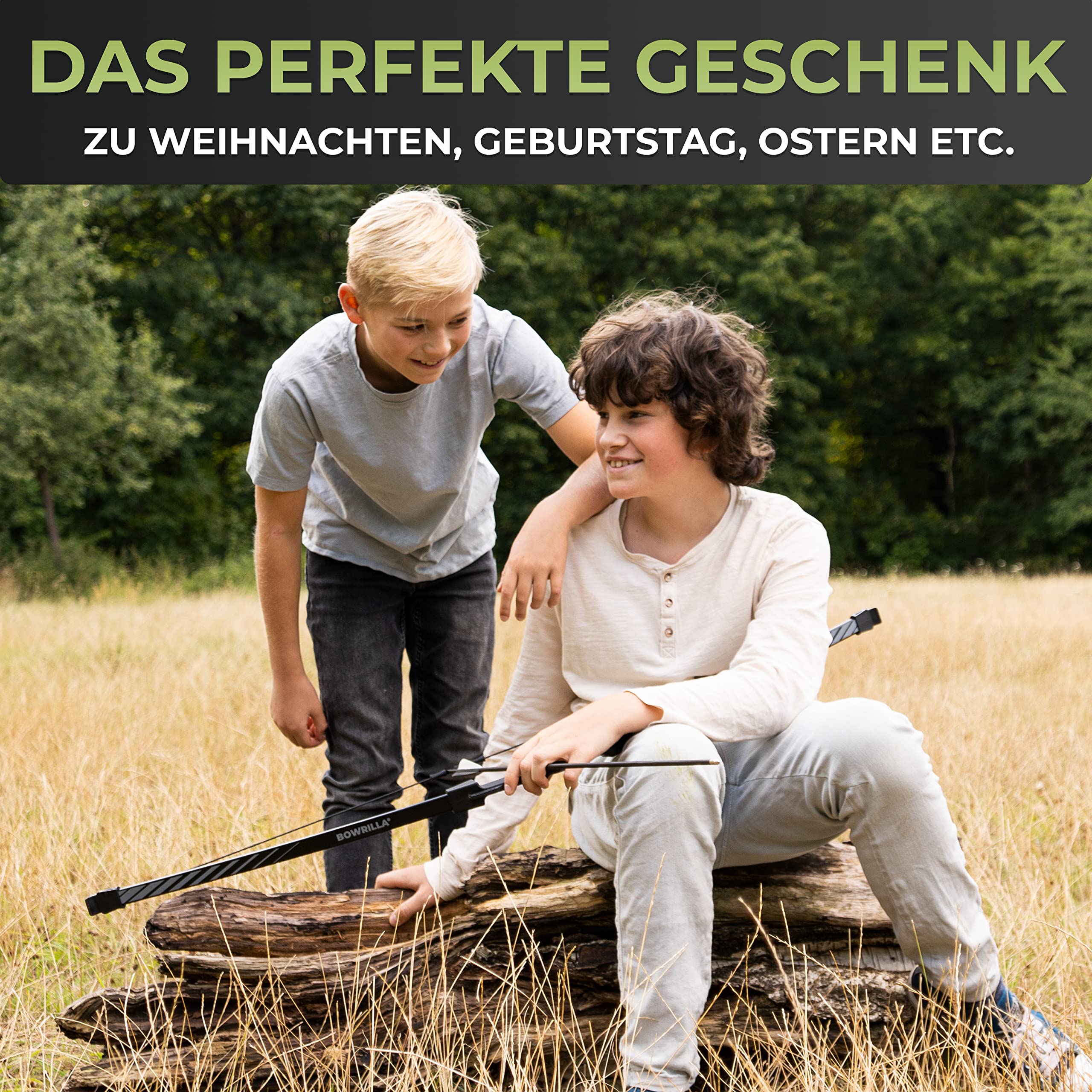BOWRILLA® Pfeil und Bogen Kinder Set | Einsteiger Sportbogen mit 3 Saugnapf- und 3 Spitzen-Pfeilen | Ideal für Kinder und Jugendliche 8-15 Jahre | Für Rechts- & Linkshänder geeignet