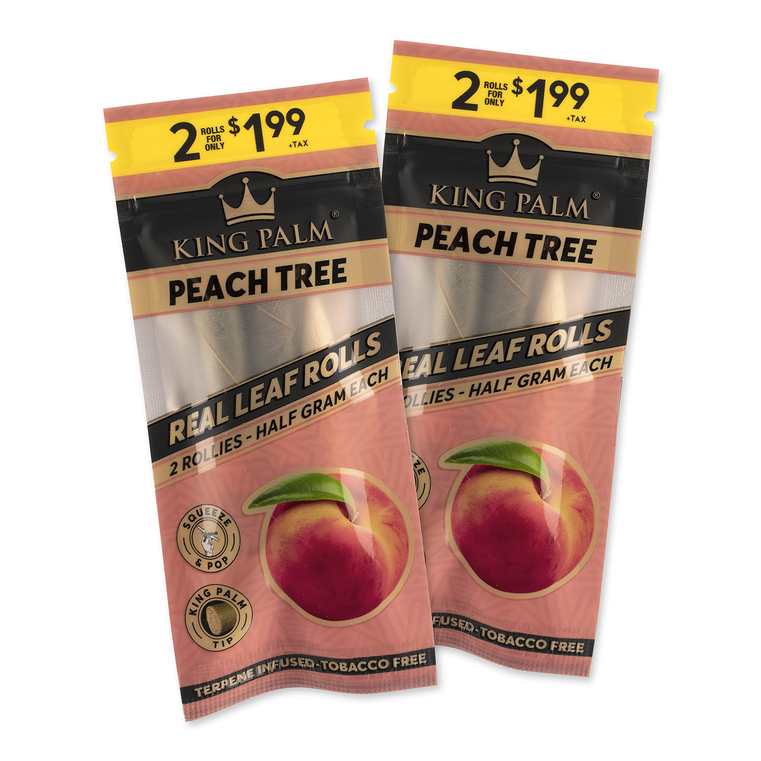 King Palm Flavors Rollie Size Cones - 2 Pack, 4 Rolls Terpene Infused - Squeeze & Pop Pre Rolls - Organic Flavored Pre Rolled Cones - King Palm Flavors Pre Rolls - (Peach Tree)