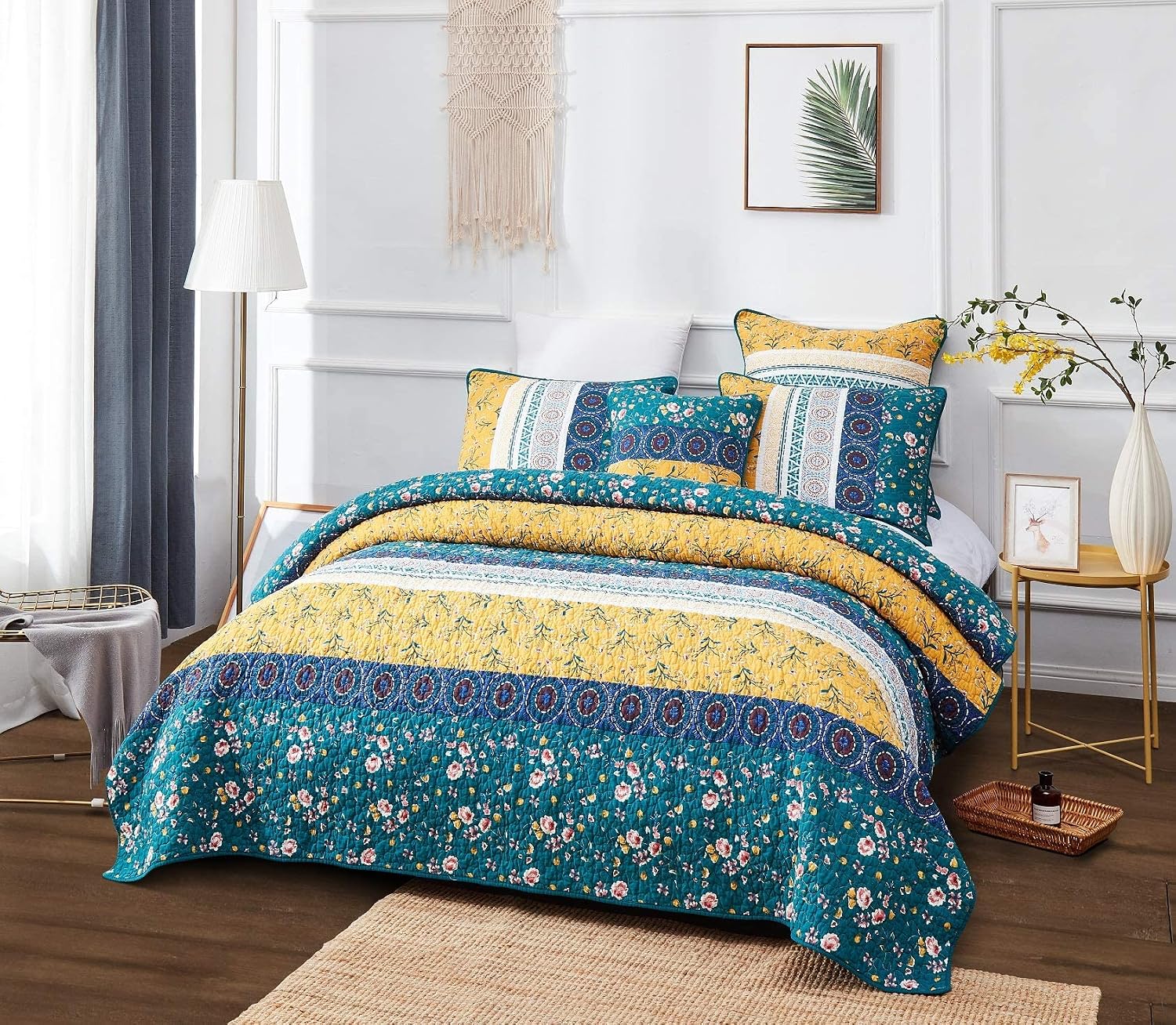 Flаѕh Dеаlѕ - 70% оƒƒ DaDa Bedding Bohemian Gardenia Floral Patchwork Bedspread Set - Cotton Bed of Wild Flowers Earthy Tones - Botanical Quilted Coverlet - Bright Vibrant Yellow Blue Teal Green - King Size - 3-Pieces Frее Shірріng 🛒 DaDa Bedding Bohemian Gardenia Floral Patchwork Bedspread Set - Cotton Bed of Wild Flowers Earthy Tones - Botanical Quilted Coverlet - Bright Vibrant Yellow Blue Teal Green - King Size - 3-Pieces