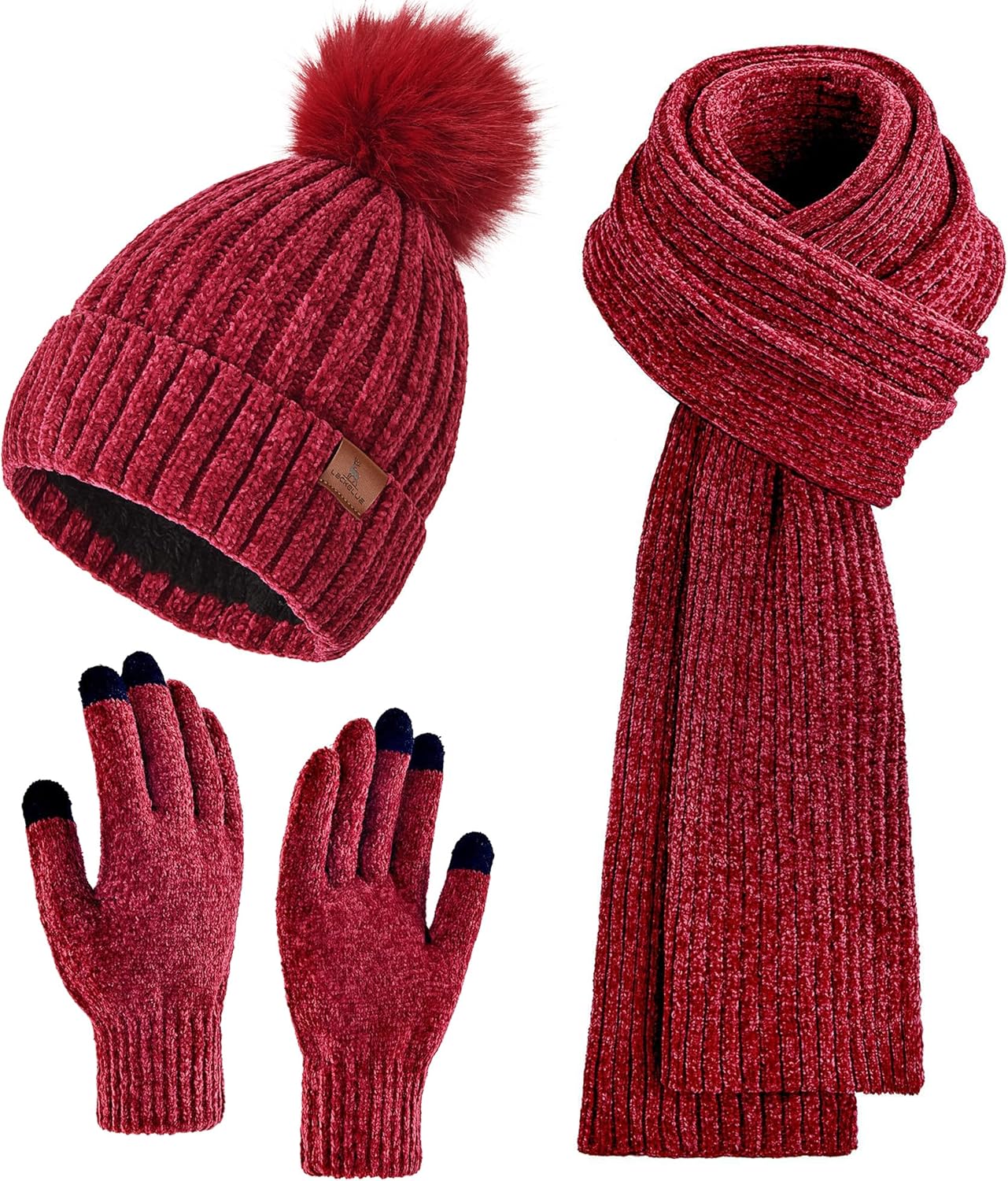 Womens Winter Beanie Hat Scarf Touchscreen Gloves Set Knit Warm Skull Caps Long Neck Scarves for Women Men