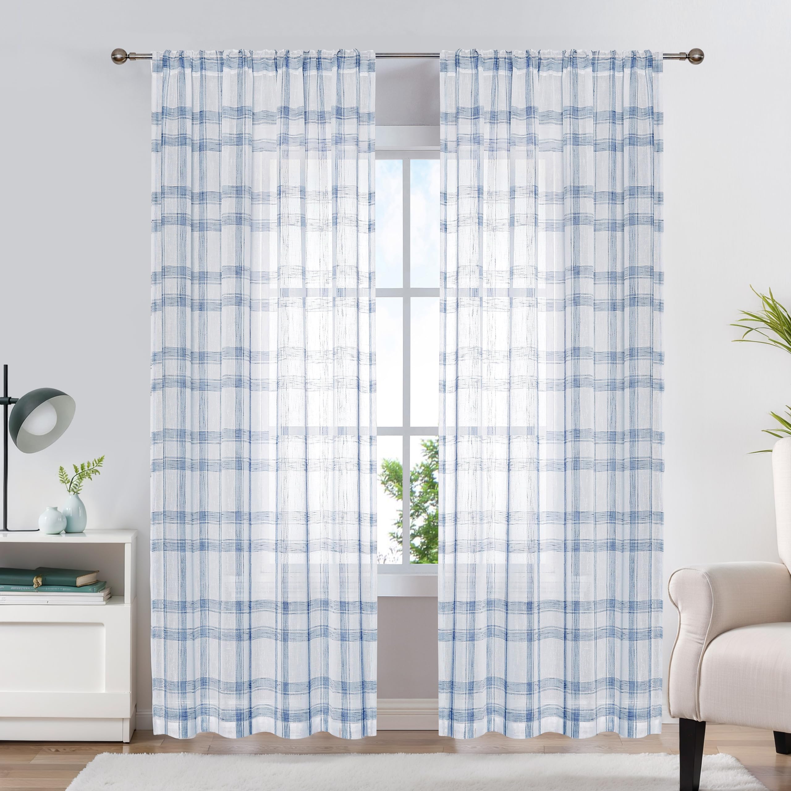 Randall Buffalo Plaid Semi Sheer Curtains for Living Room Linen-Look Geometric Light Filtering Dining Room Window Drape for Farmhouse Bedroom Study