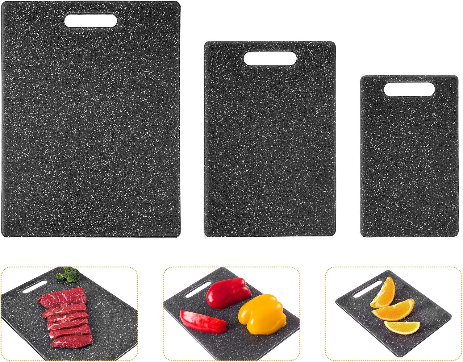 Cutting Board Set for Kitchen, Plastic Chopping Board Set 3 Piece BPA Free Easy Grip Handle (Set of Three, Black)