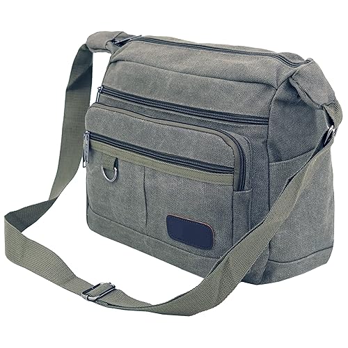 NISUN Canvas 5 Zipper Pocket Sling Cross Body Travel Office Business Messenger One Side Shoulder Bag For Men & Women - (30 x 12 x 24 Cm, Army green)