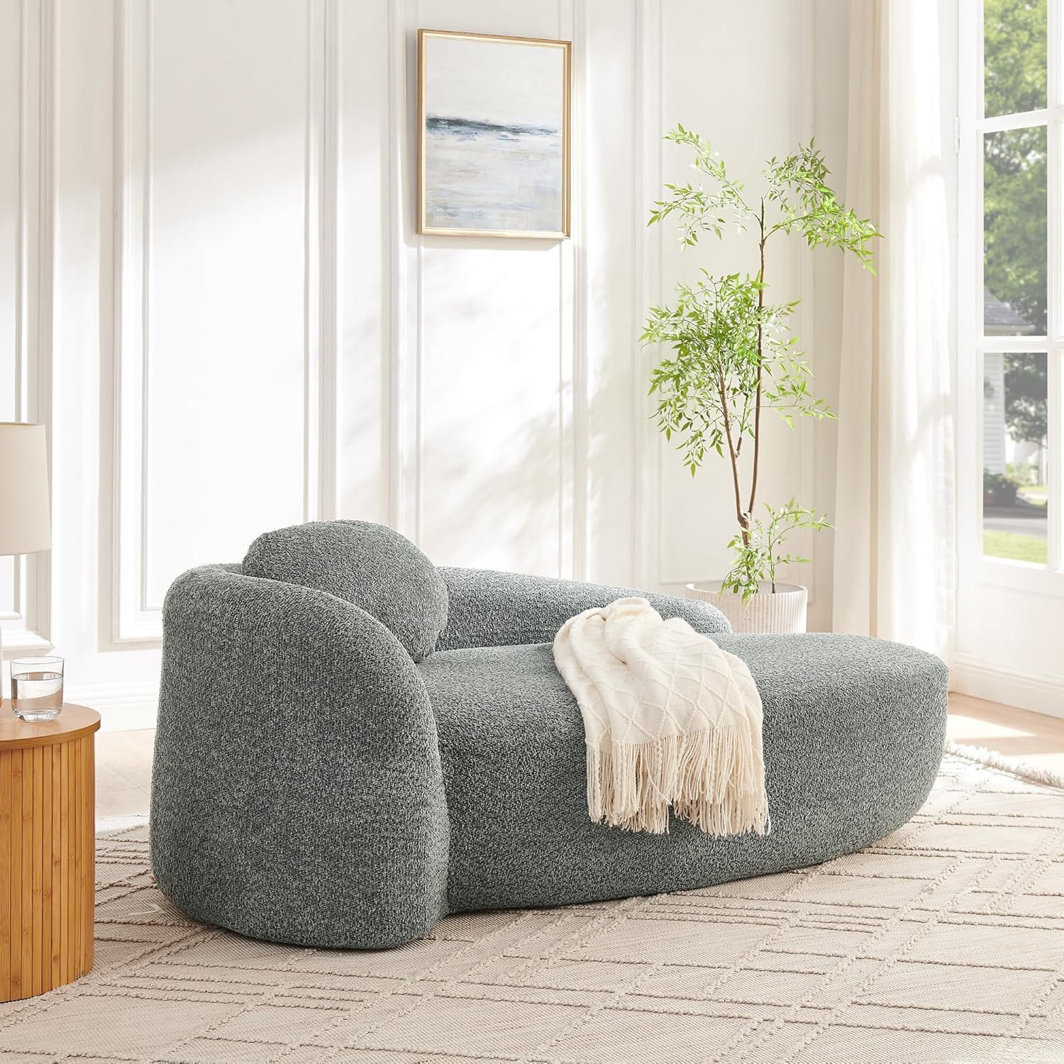 Full Foam Chaise Lounge Chair Indoor, Boucle Upholstered Boneless Chaise Lounge Sofa Bed, Right Facing Leisure Cloud Recliner Couches Sleeper Daybed for Living Room | Fluffy, High Density Foam, Non-slip, Deep Seat, No Assembly Required