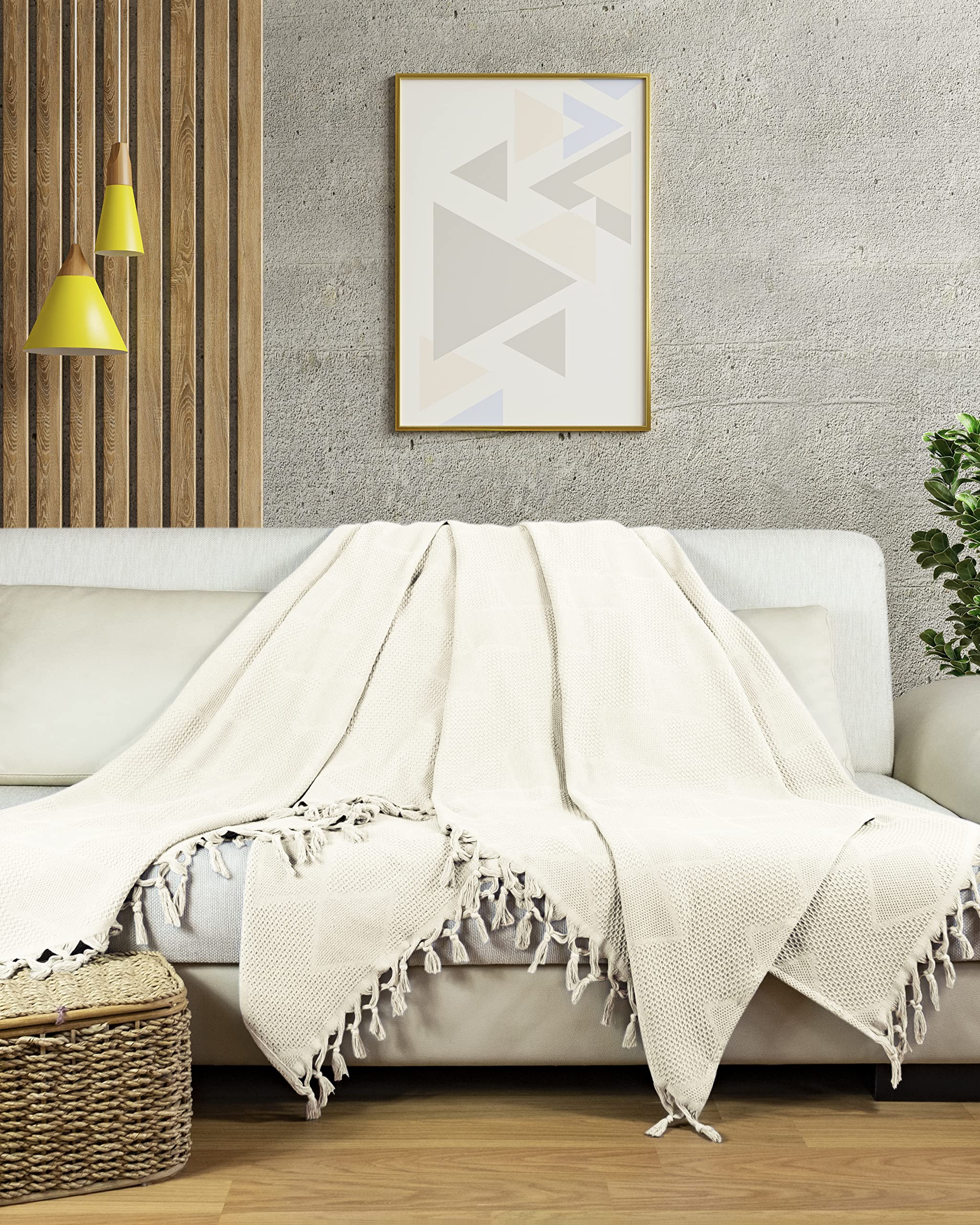 LAYNENBURG Premium Tagesdecke mit handgeknüpften Fransen - 100% Baumwolle - 180 x 220 cm - Waffelpique Sommerdecke - Baumwolldecke als Bett-Überwurf, Couch-Überwurf & Sofa-Decke (Naturell)