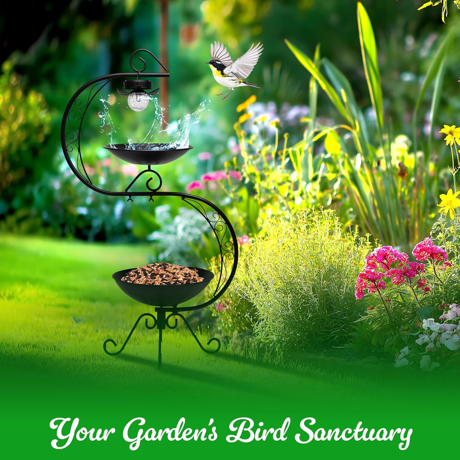 G128 2-Tier Bird Bath with Flower Planter Pedestal, 36" Bird Baths for Outdoors with Solar Lighting Lamp, Elegant Birdbath Birdfeeder for Garden Yard Patio Lawn Decor