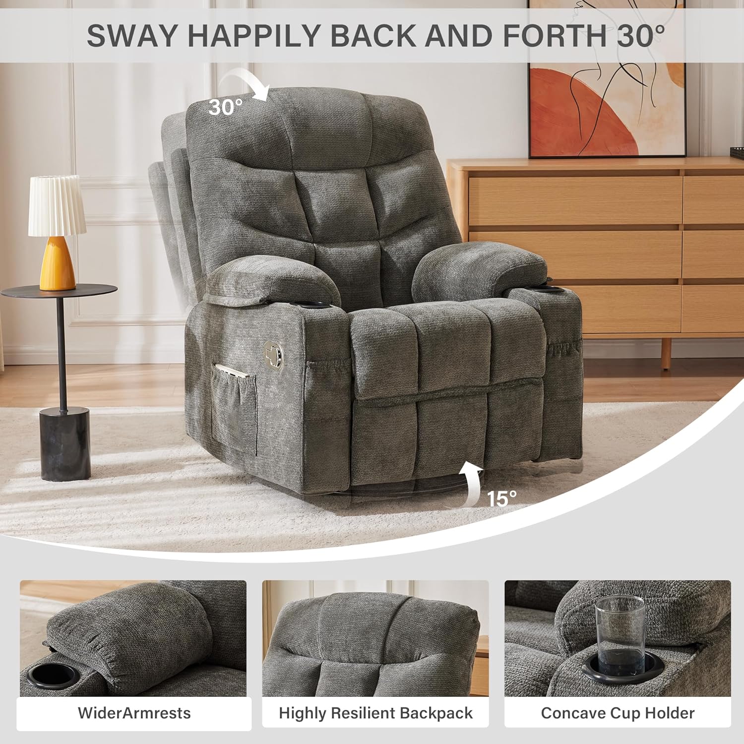 360°Swivel Rocker Recliner Chair,Rocking Recliner Chair with Adjustable Backrest for Adults,Upholstered Fabric Rocking Chair Swivel for Bedroom,Living Room,Grey