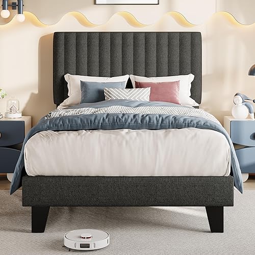 Einhomn Base de cama tamaño individual con cabecero, base de cama tapizada de lino con listones de madera maciza, sin ruido, no necesita somier,