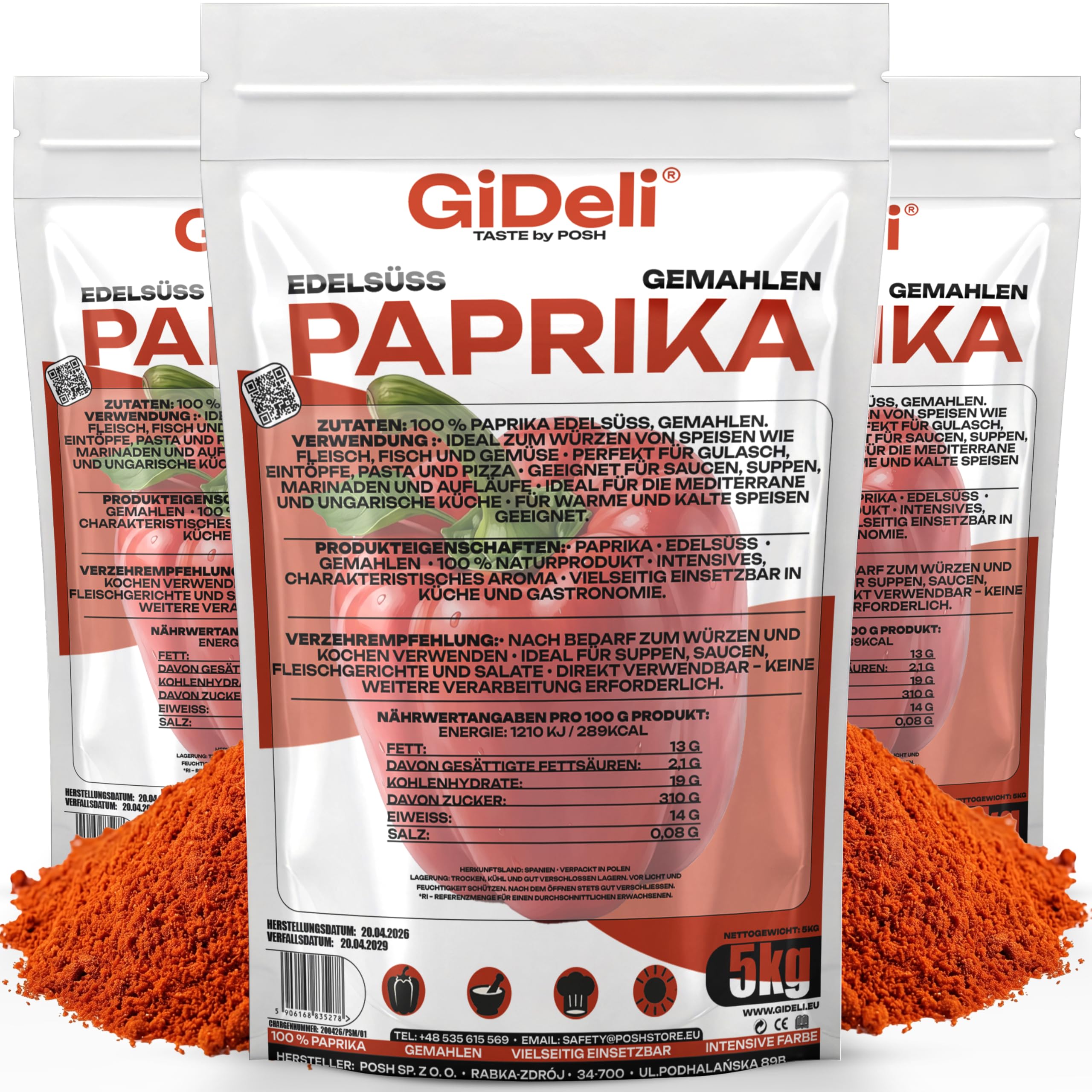 GiDeli Paprika Edelsüß Gemahlen 3x5kg - 100% Paprika ohne Zusätze - Vegan & Glutenfrei - Spanisches Paprikapulver & Pimentón - Mildes Aroma - Rotes Gewürzpulver - Ideal für Gulasch & Pasta