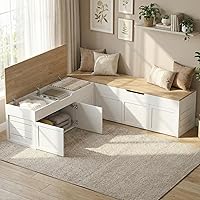 Kikihouse L-Shaped Corner Storage Bench with Hidden Storage, Modern Backless Wood Bench for Kitchen Dining Nook Entryway Natural Wood