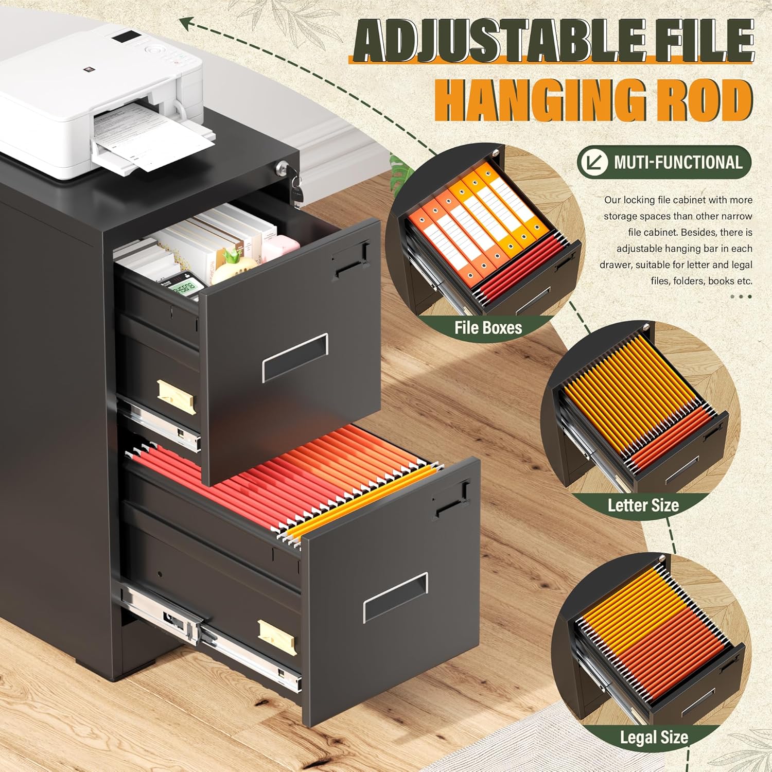 Greenvelly 2 Drawer File Cabinet with Lock, Lockable Vertical File Cabinets for Home Office, Black Metal Filing Cabinet for A4/Letter/Legal Size File, Easy Assemble