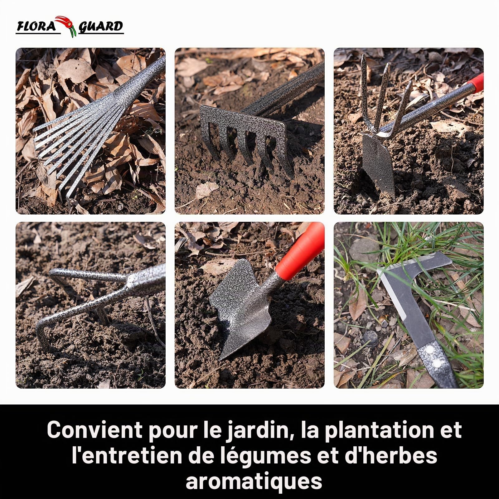 FLORA GUARD Outils de Jardinage 6 Pièces, Kit d'outils de Jardin en Acier Inoxydable avec Houe 2-en-1, Treulle, Râteaux, Couteau Désherbeur, Finition Martelée, pour Taille et Entretien