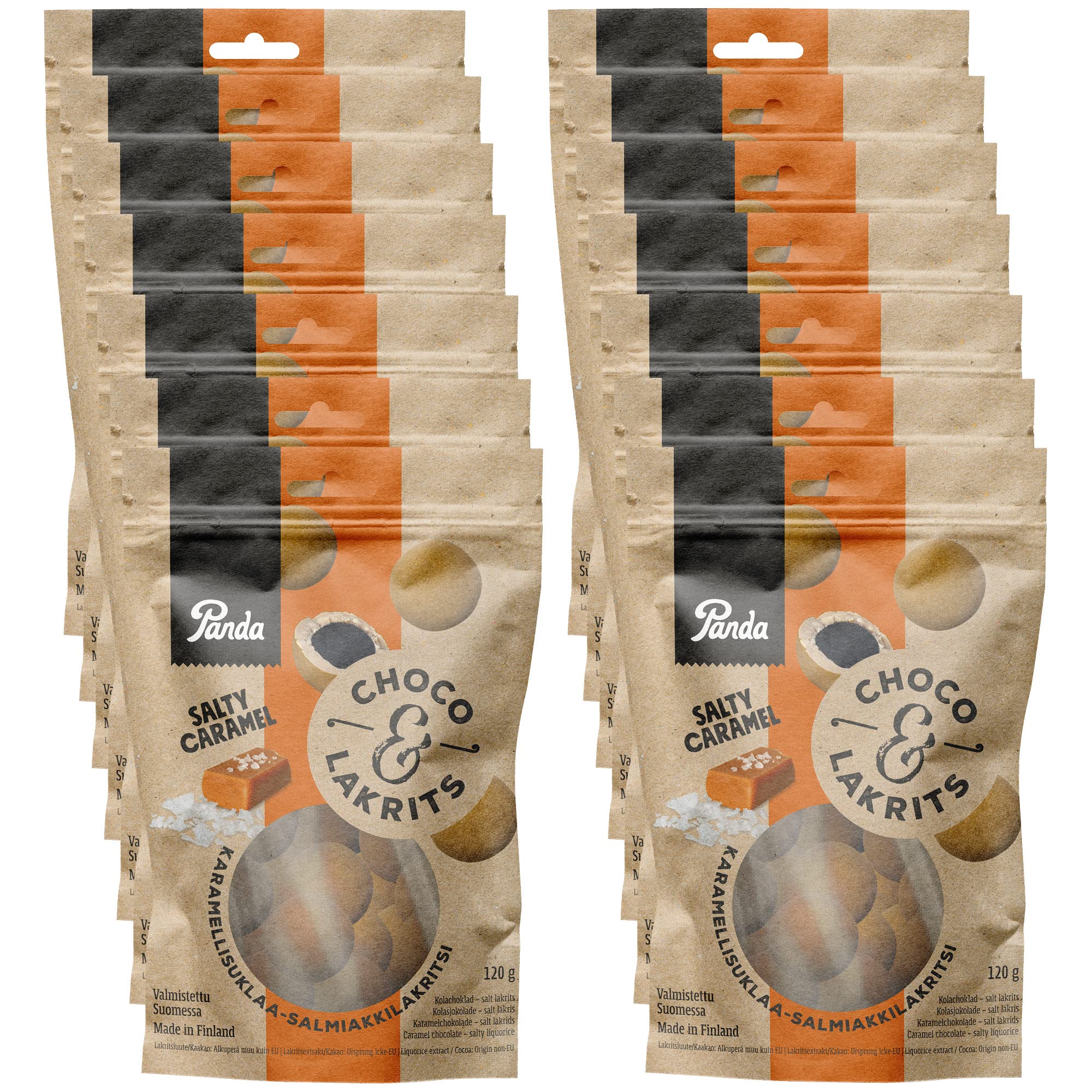 Panda® | Schoko & Lakritz Salziges Karamell | Salziges Lakritz und Milchschokolade mit Karamellpulver überzogen | Rainforest Alliance Schokoladensüßigkeiten | 120 g x 14 Beutel