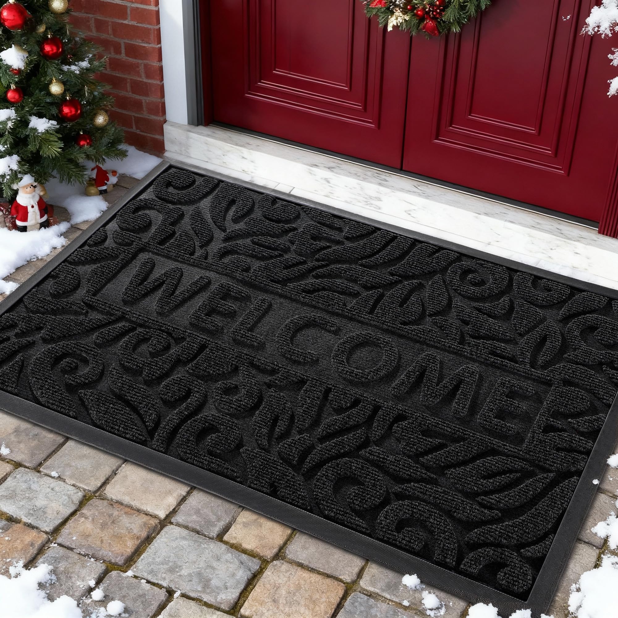 Yimobra Welcome Mat Outdoor 29.5x17, Waterproof Non-Slip Outdoor Mats for Front Door Outside Entrance, Low-Profile Entryway Mat Indoor for Garage Patio, Black