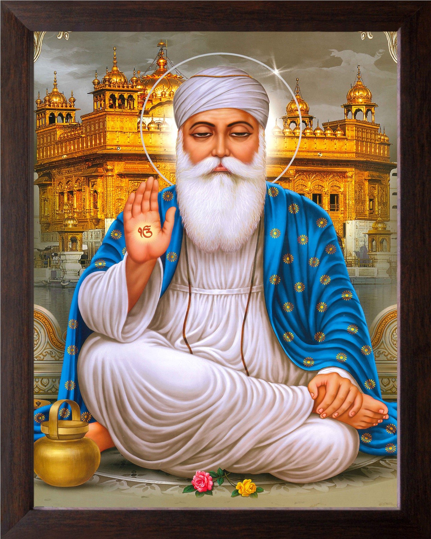 Guru Nanak Dev ji and Golden Temple HD Printed Religious & Decor Poster Painting with Frame (30 X 23.5 X 1.5 CM_ Brown Wood)
