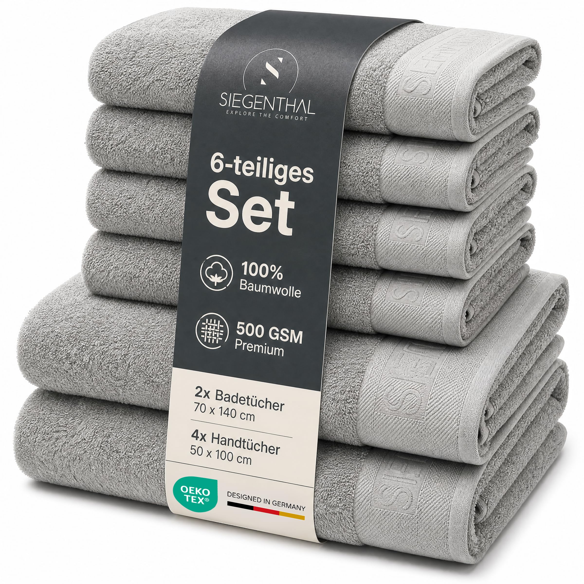 Handtuch Set 6-teilig aus 100% Baumwolle – 2 Badetücher 70x140 cm & 4 Handtücher 50x100 cm für Bad & Gäste-WC, Weich, Saugstark, Schnelltrocknend - Hellgrau