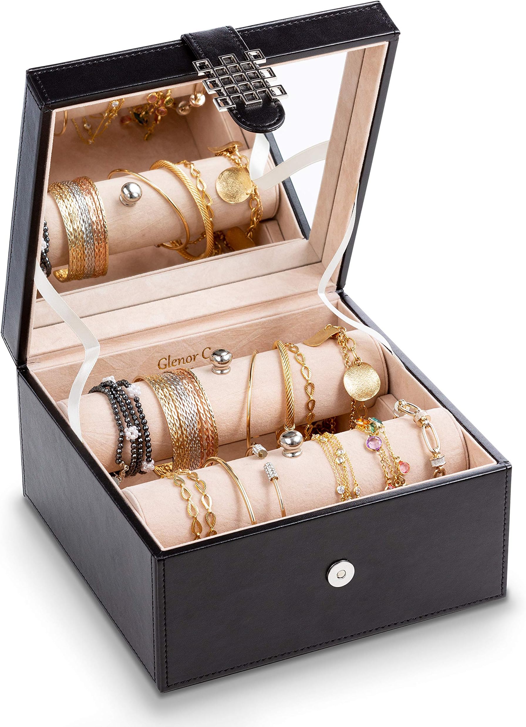 Glenor Co Bracelet Jewelry Box with 2 Removable Rolls - Holder Stores Bracelets, Bangles & Watches - Organizer w Metal Closure - Large Mirror - PU Leather - Display on Stand or Dresser - Black