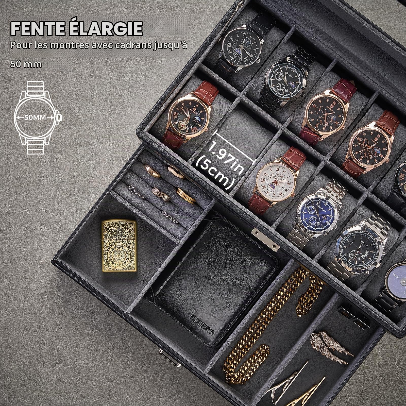 ProCase Boîte Montre avec 12 Emplacements 1 Tiroir, Coffret Montre à 2 Niveaux, Range Montre en PU Cuir -Noir