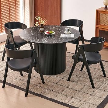 47" Black Round Dining Table Set for 4, 5-Piece Mid Century Modern Circle Kitchen Table with 4 Barrel Armchairs, Dining Room Dinner Dinette Set, Faux Marble, PU Leather Cushion,Soild Wood Legs