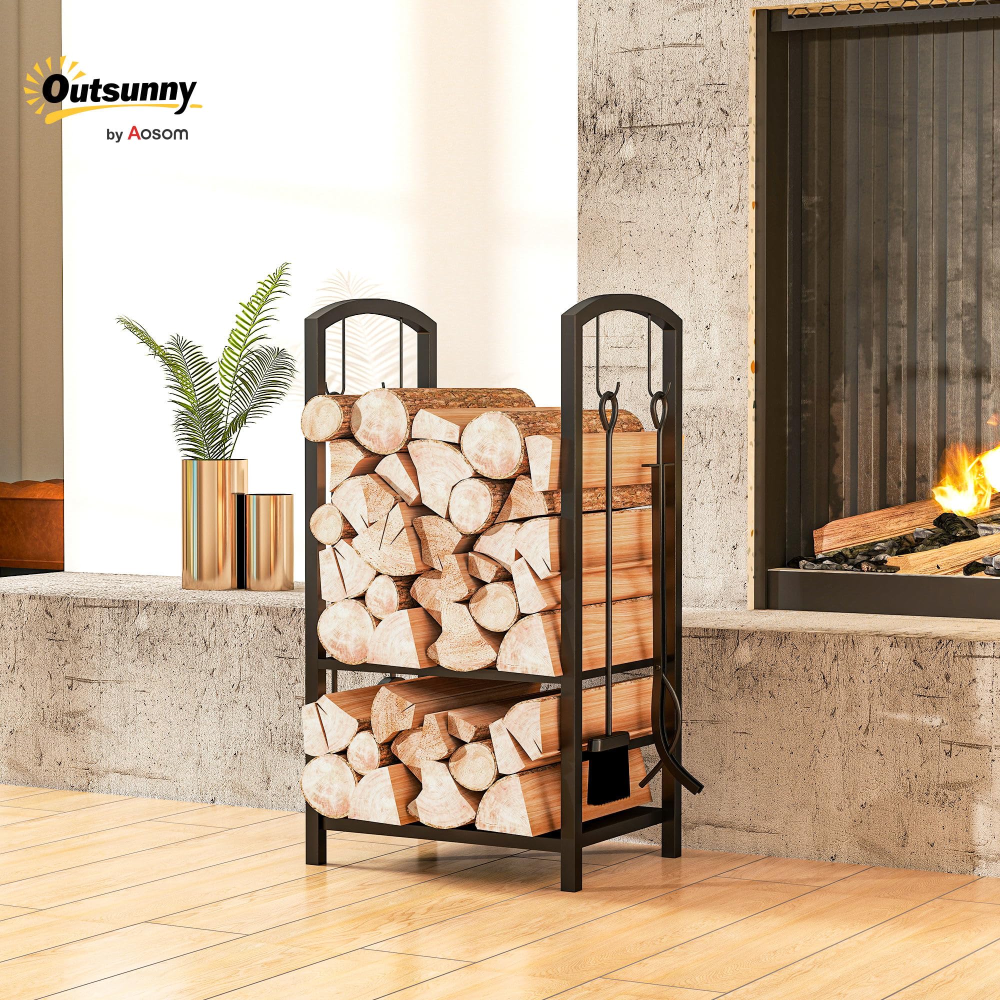 Outsunny Estante de Leña para chimenea Soporte para Leña de 2 Niveles Leñero Exterior e Interior Metálico con 4 Herramientas para Chimenea Carga Máx.100 kg 40x30x74,5 cm Negro