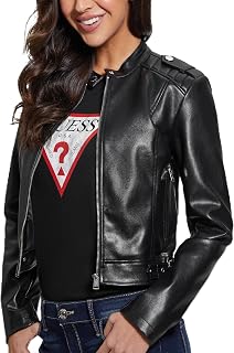 GUESS Women's Montecarla Faux Leather Fitted Moto Jacket with Snap Mandarin Collar