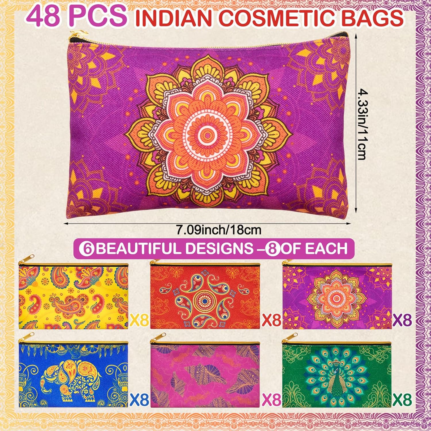 48 Pcs Diwali Gifts Bulk, Indian Return Gifts for Pooja, Multicolor Canvas Makeup Bags with Golden Zipper, Travel Cosmetic Pouches with Classic Indian Motifs, Wedding Gift for Women