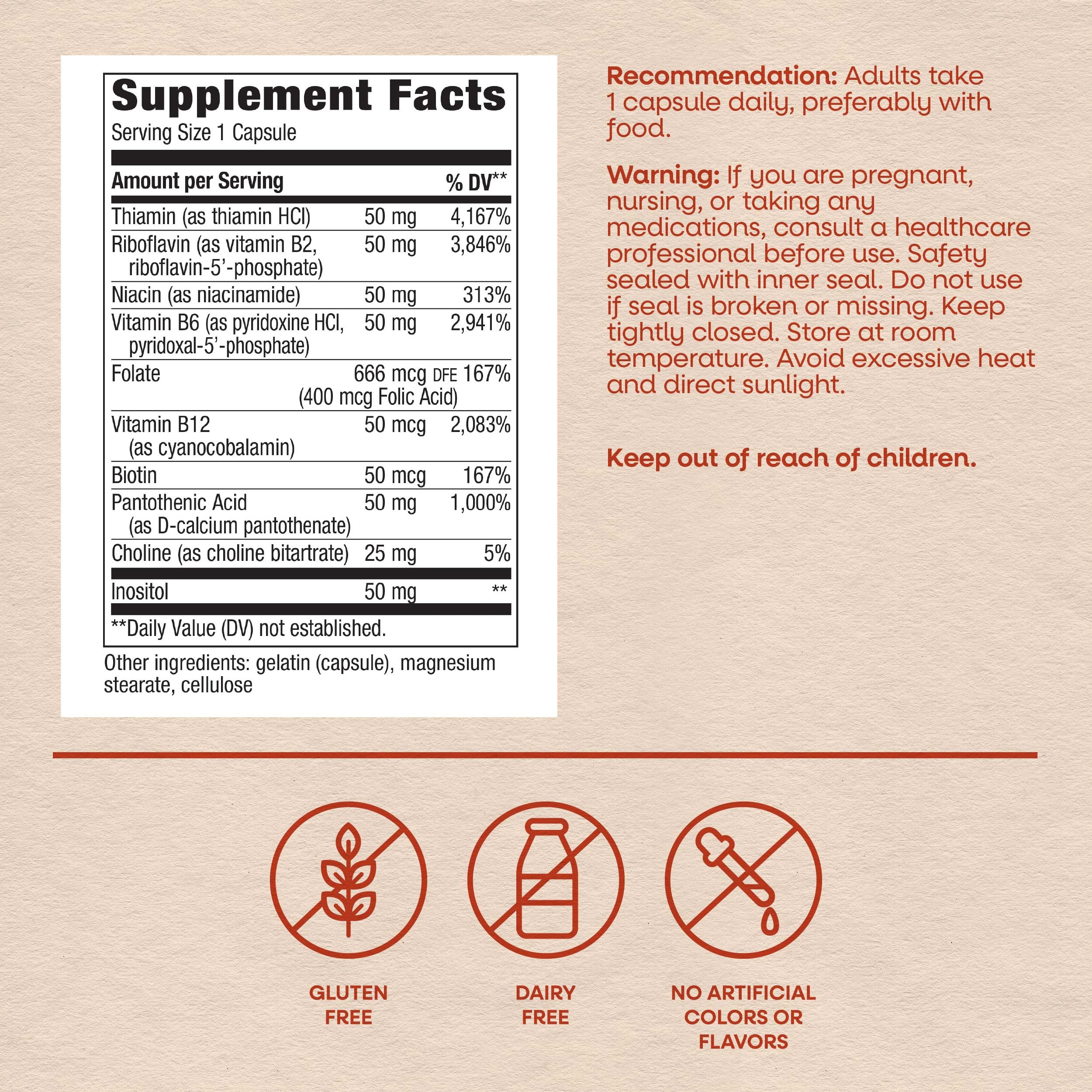 Nature's Way B-50 Complex, Supports Cellular Energy & Nerve Health*, 8 B-Vitamins, With Folic Acid, Biotin, Niacin & More, Gluten Free, 100 Capsules (Packaging May Vary) — Amazon image 6