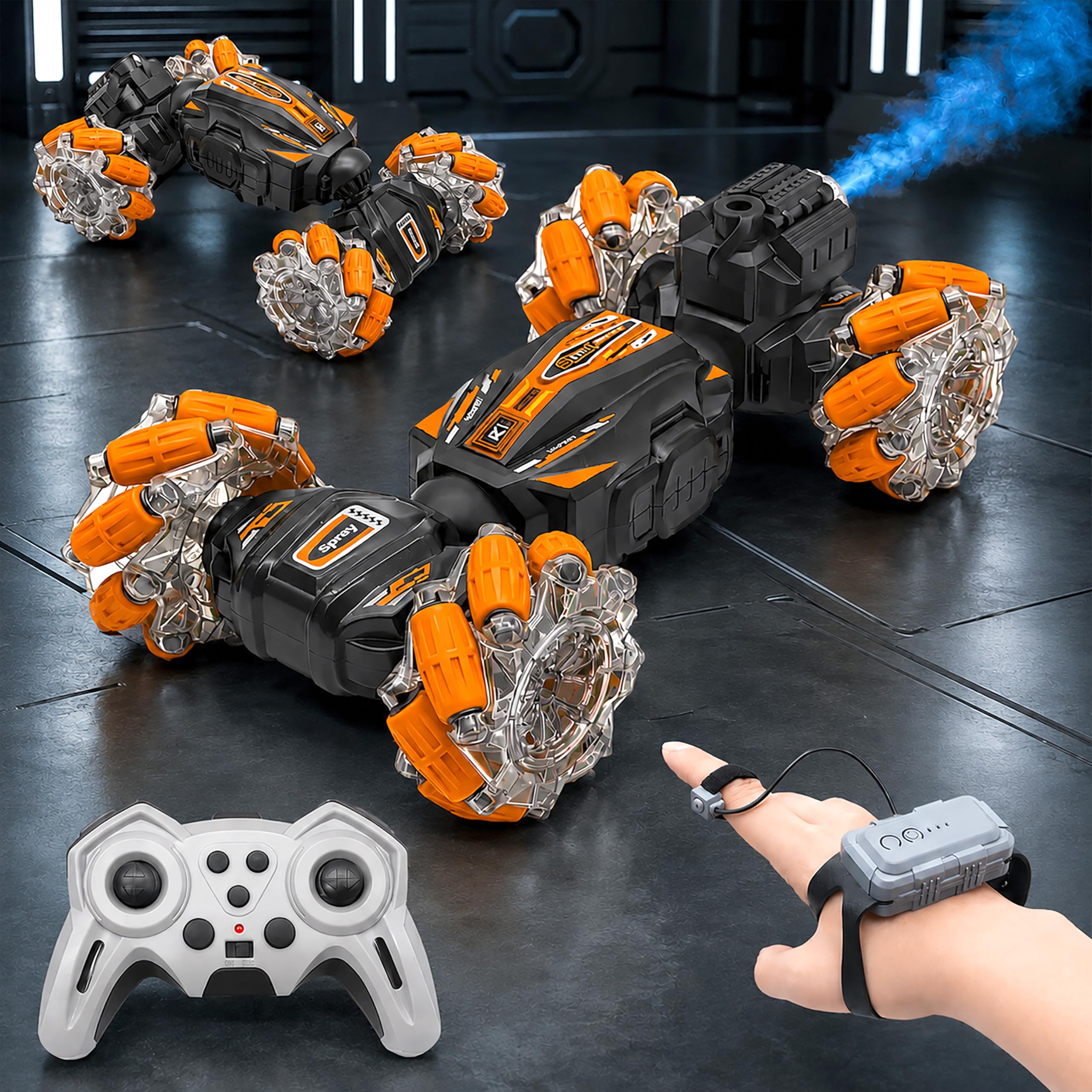 VGRASSP Dual Control Twisting Drift Stunt Mist Car Toy for Kids with Remote Control and Gesture Wrist Controller - Rechargeable 360° Rotating Smoke Car Toy with LED Lights, Sound Effects - Orange-image-27