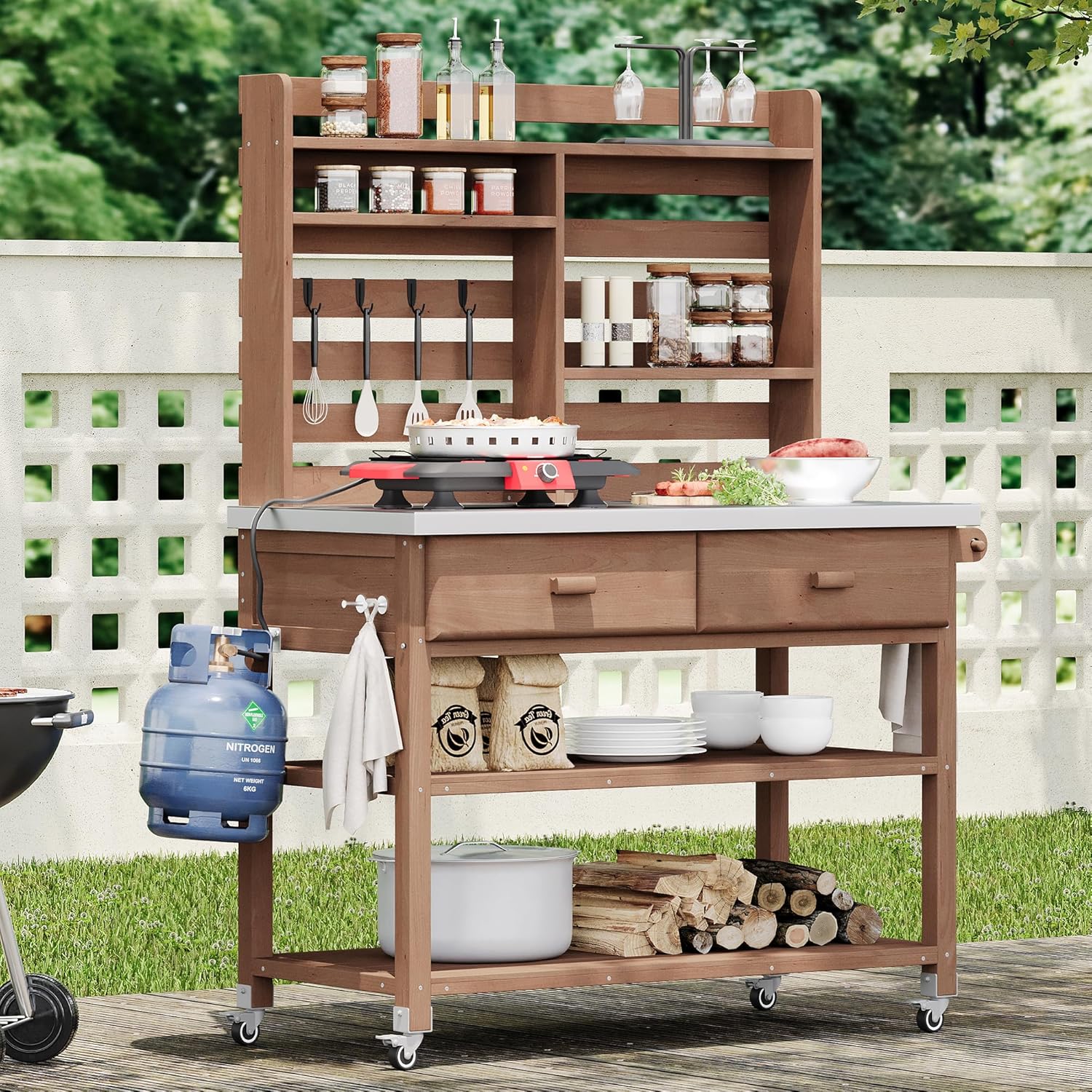 64.9" H Outdoor Potting Bench Table with Lockable Wheels, Solid Wood Outdoor Kitchen Island with Upper Hutch, Stainless Steel Top,Outdoor Storage for Grilling, Lawn Garden (Brown/F, 64.9")