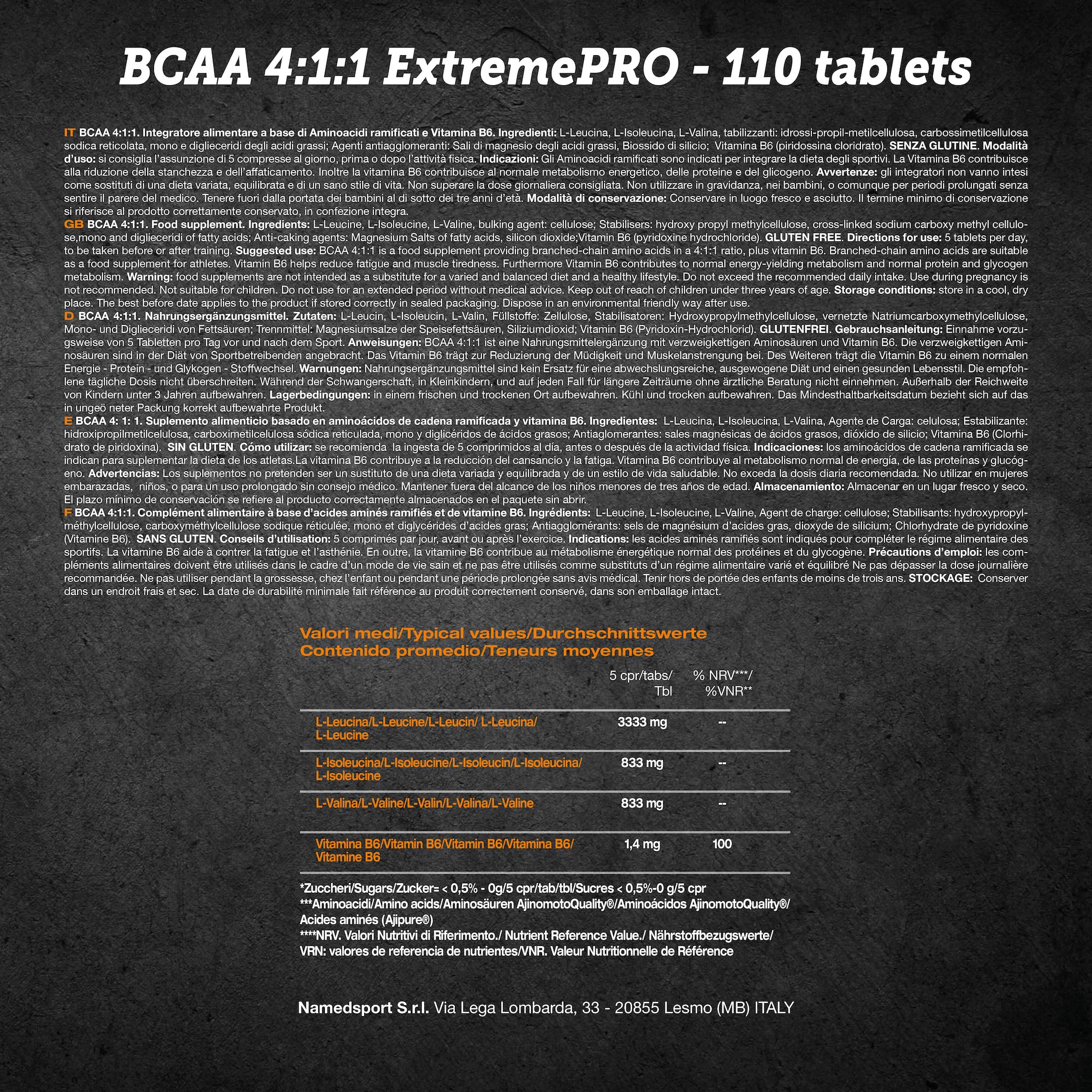 NAMEDSPORT> BCAA 4:1:1 ExtremePro, Supplément à base d’Acides Aminés Ramifiés et de Vitamine B6, contribue à la Synthèse Protéique, Idéal dans les Sports d’Endurance, Brand Of of Italy, 110 Comprimés