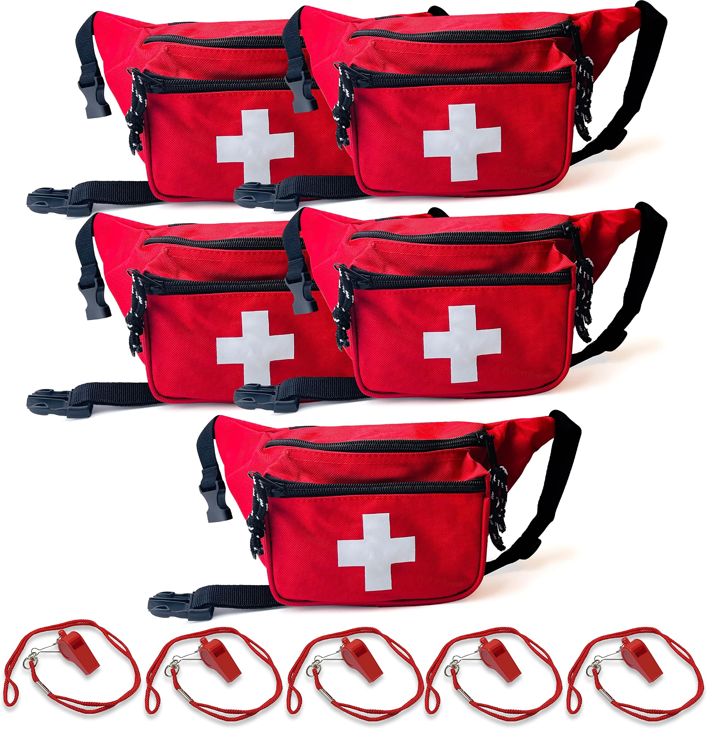ASA TECHMED 5 Pack Lifeguard Fanny Pack With Whistle Lanyard - Baywatch Style First Aid Hip Pack w/Adjustable Strap, Cross Logo + Zipper Pouch, Emergency Equipment Set Red