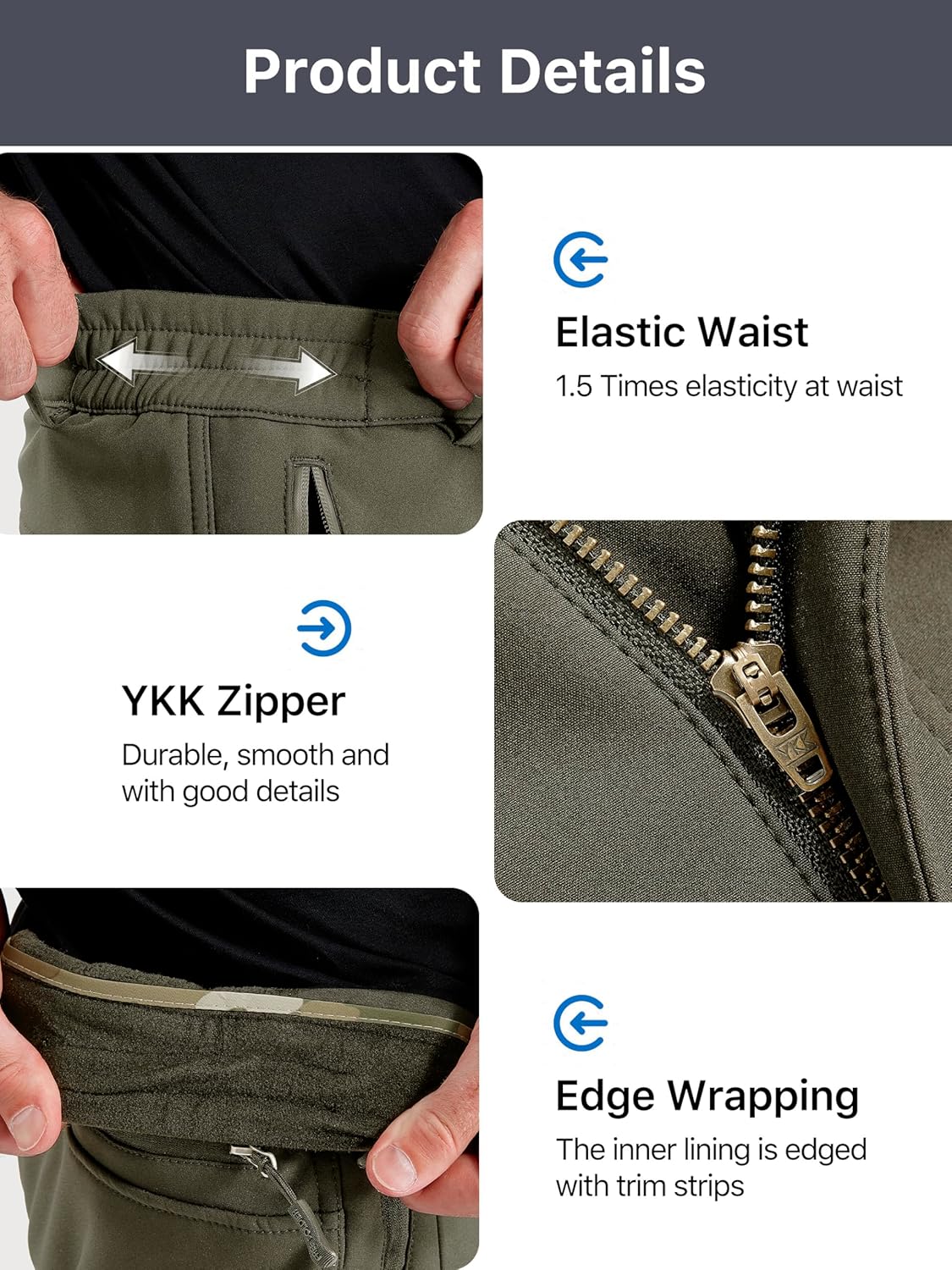 FREE SOLDIER Men's Fleece Lined Outdoor Cargo Hiking Pants Water Repellent Softshell Snow Ski Pants with Zipper Pockets - Image 6